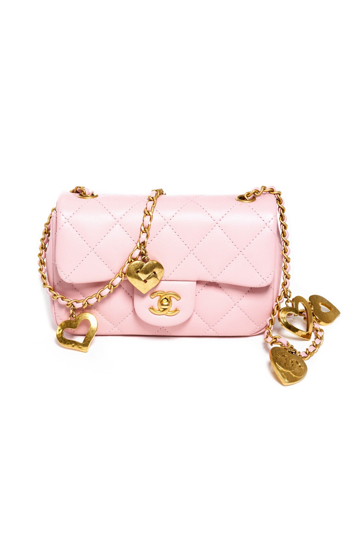 Chanel Pink Small Flap Bag Heart With Charms on Chain