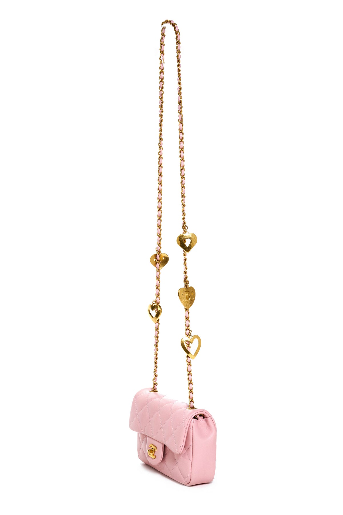 Chanel Pink Small Flap Bag Heart With Charms on Chain