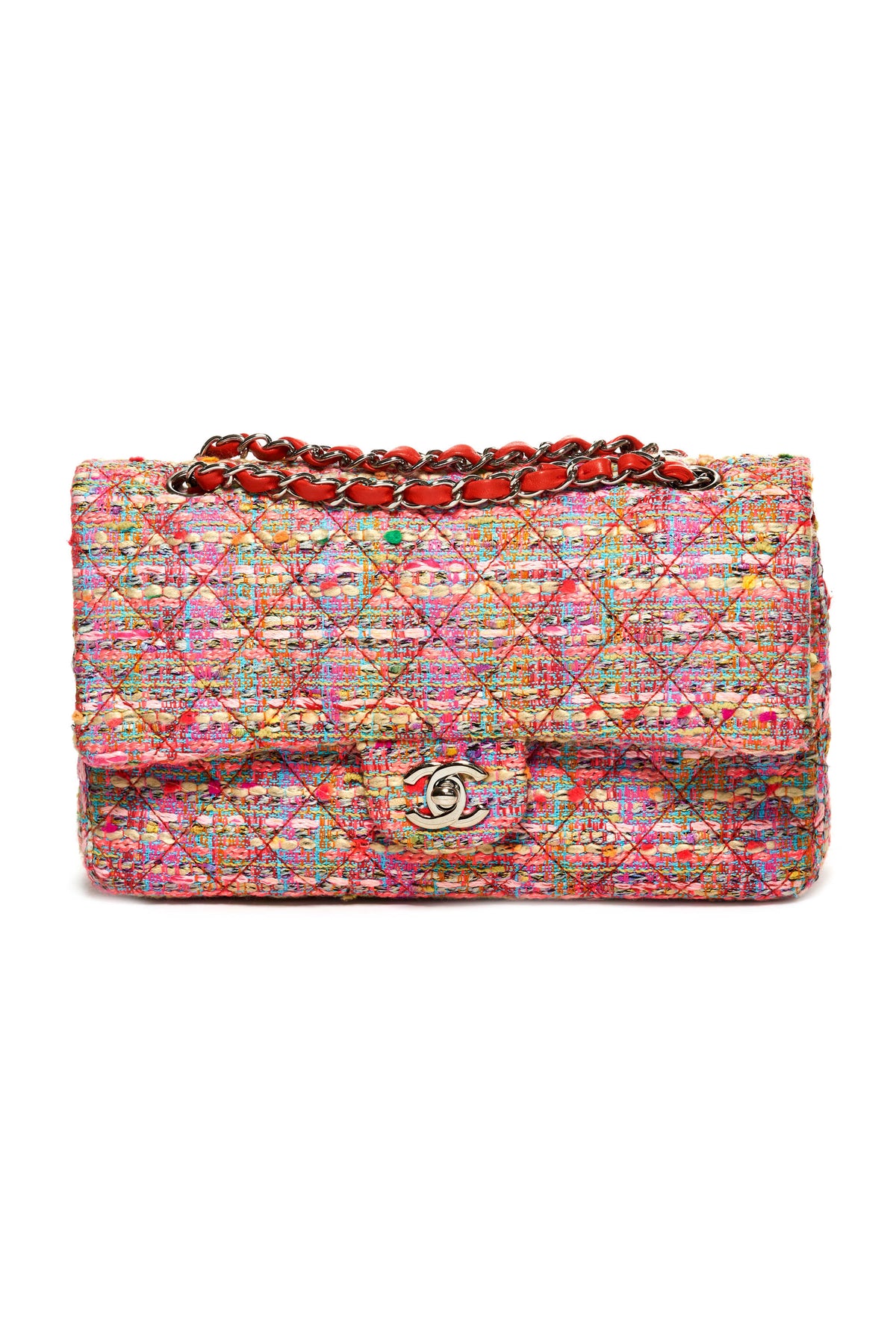 Chanel Tweed Pink Orange and Teal Double Flap Purse