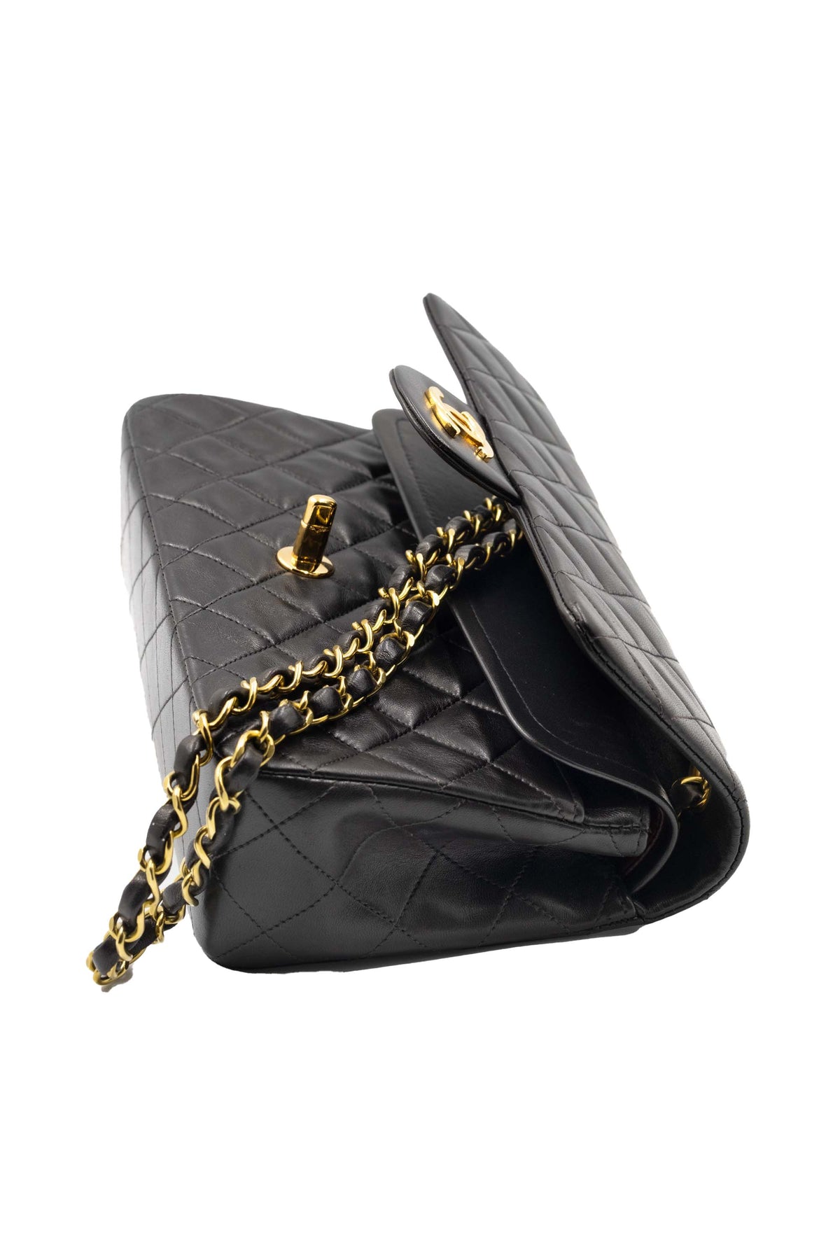 Chanel Vintage Black Double Flap 24k Gold Plate Classic Purse 1994-6