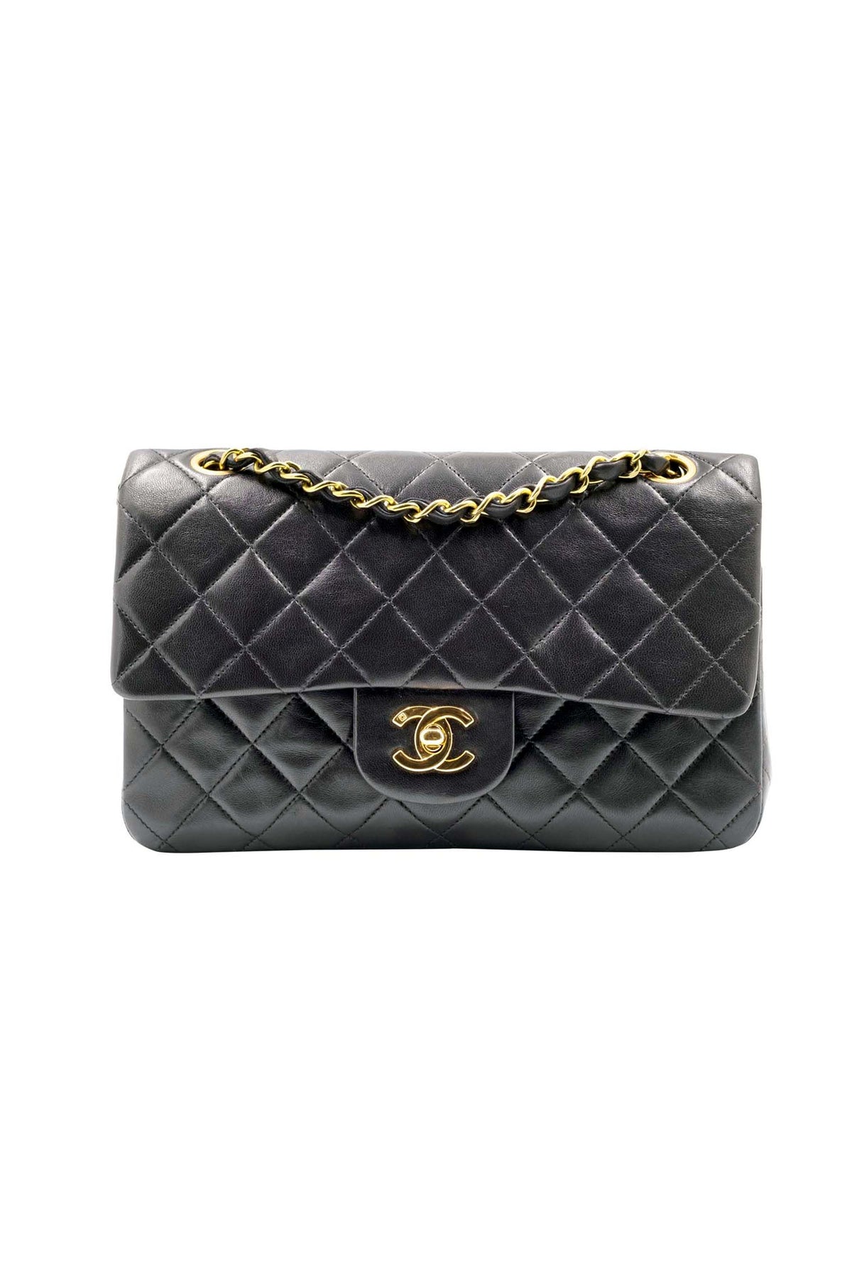 Chanel Vintage Black Double Flap 24k Gold Plate Classic Purse 1994-6
