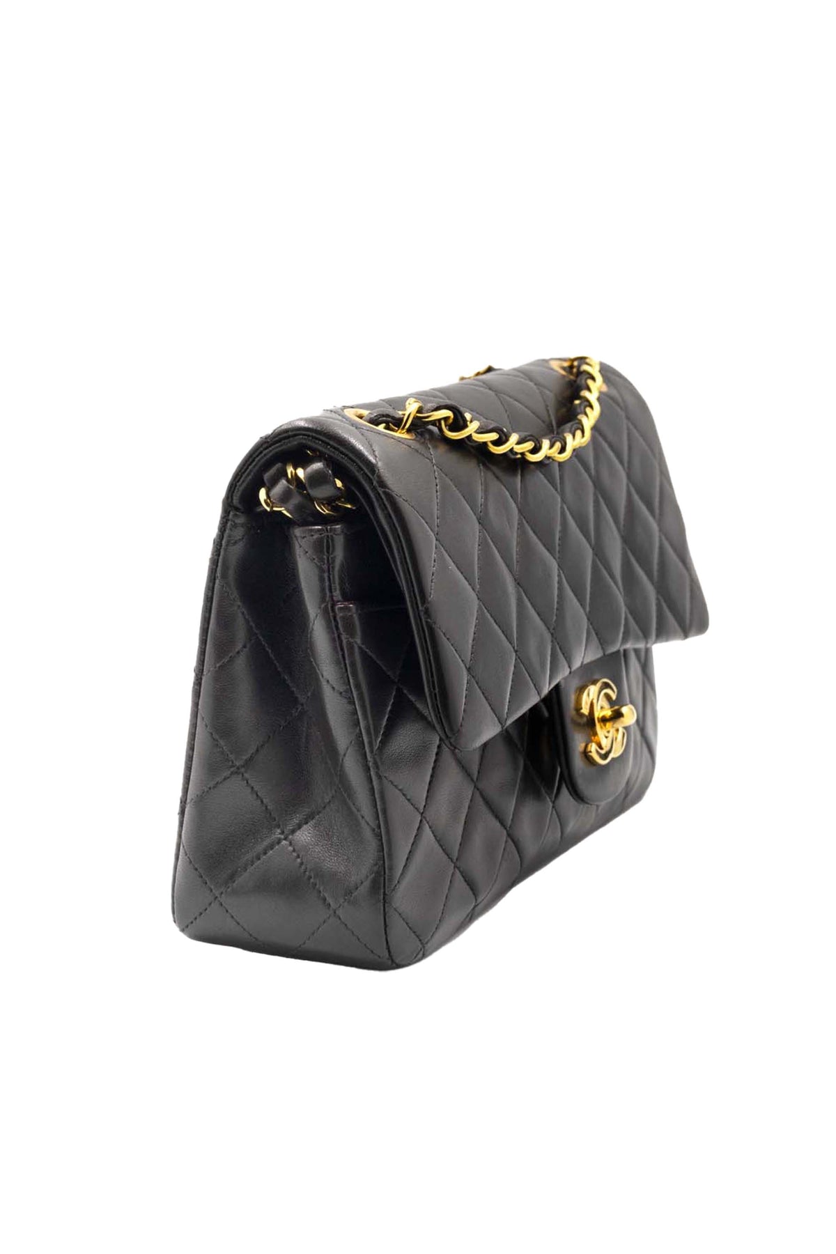 Chanel Vintage Black Double Flap 24k Gold Plate Classic Purse 1994-6