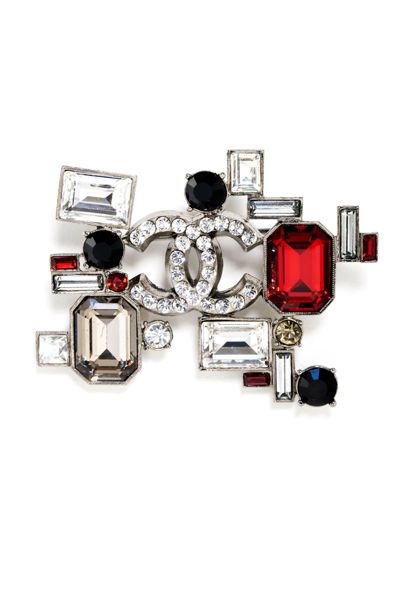 Chanel Darkened Silver Tone Red and Black Strass Crystal Deco Brooch 2005P