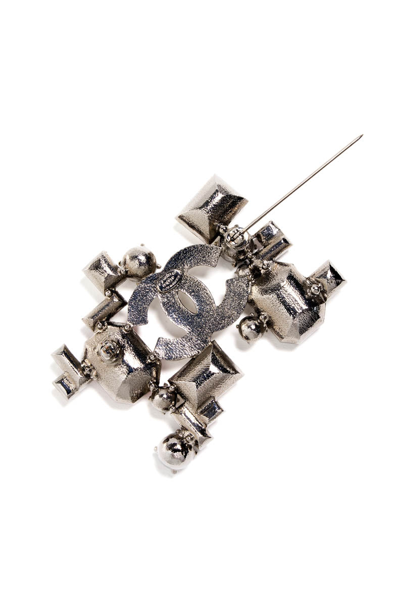 Chanel Darkened Silver Tone Red and Black Strass Crystal Deco Brooch 2005P