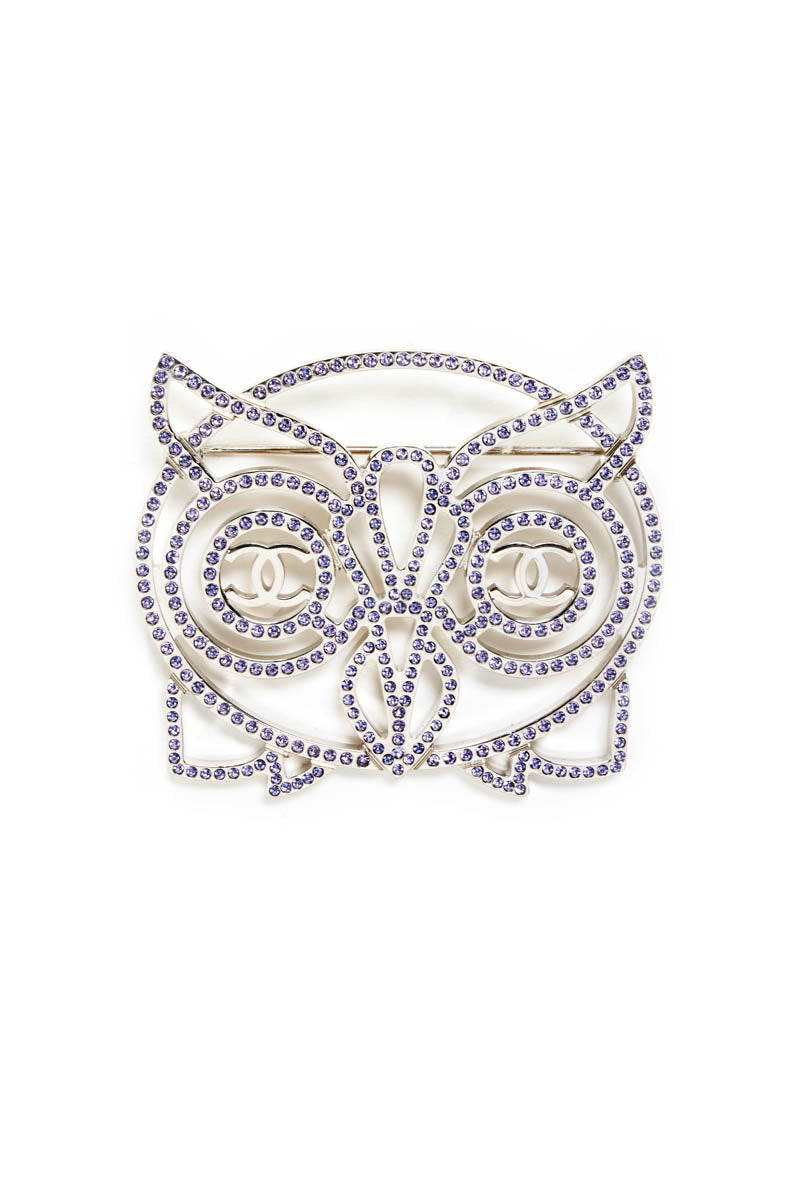 Chanel Silver Purple Crystal Large Owl Face Brooch 2018 Cruise