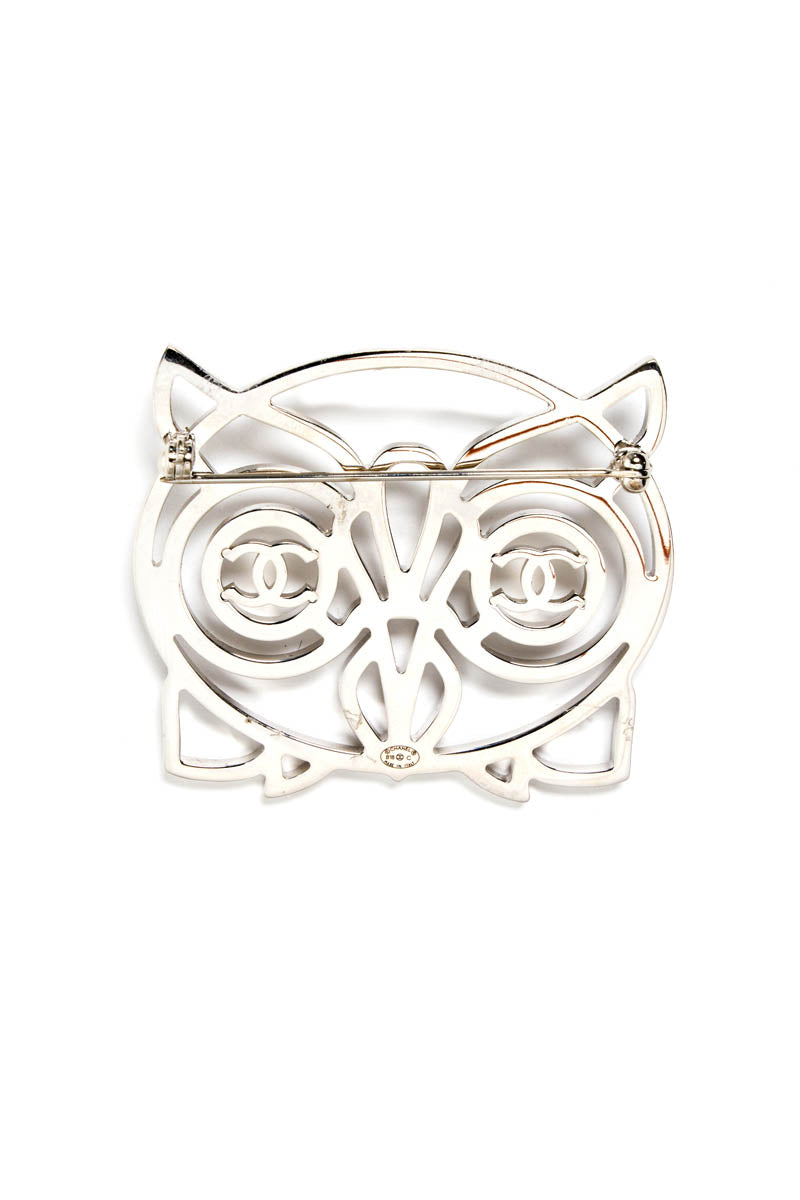 Chanel Silver Purple Crystal Large Owl Face Brooch 2018 Cruise