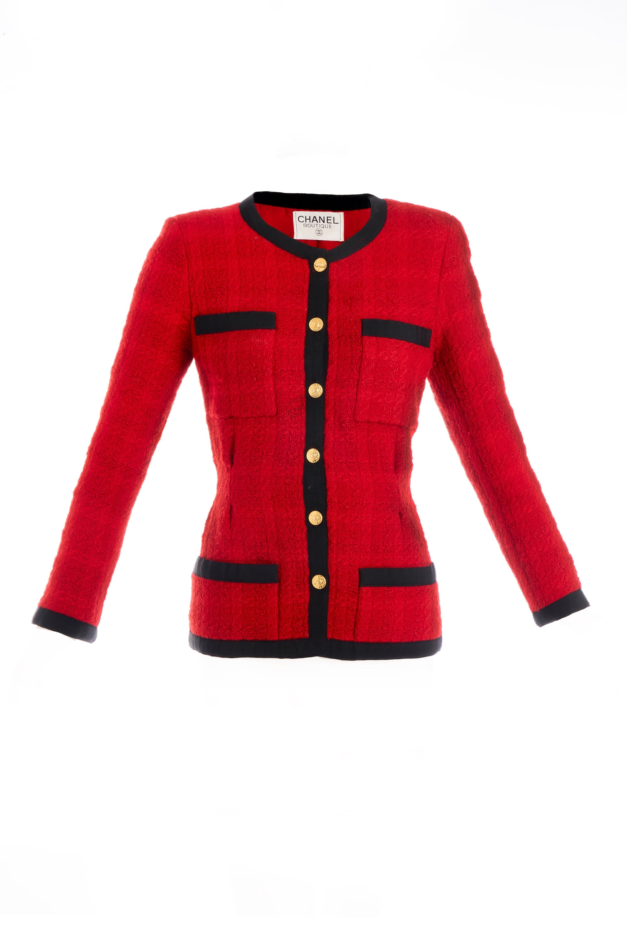 Chanel Red Boucle Jacket Black Faile Trim 24k Gold plated buttons Chanel Red Boucle Jacket Black Faile Trim 24k Gold plated buttons