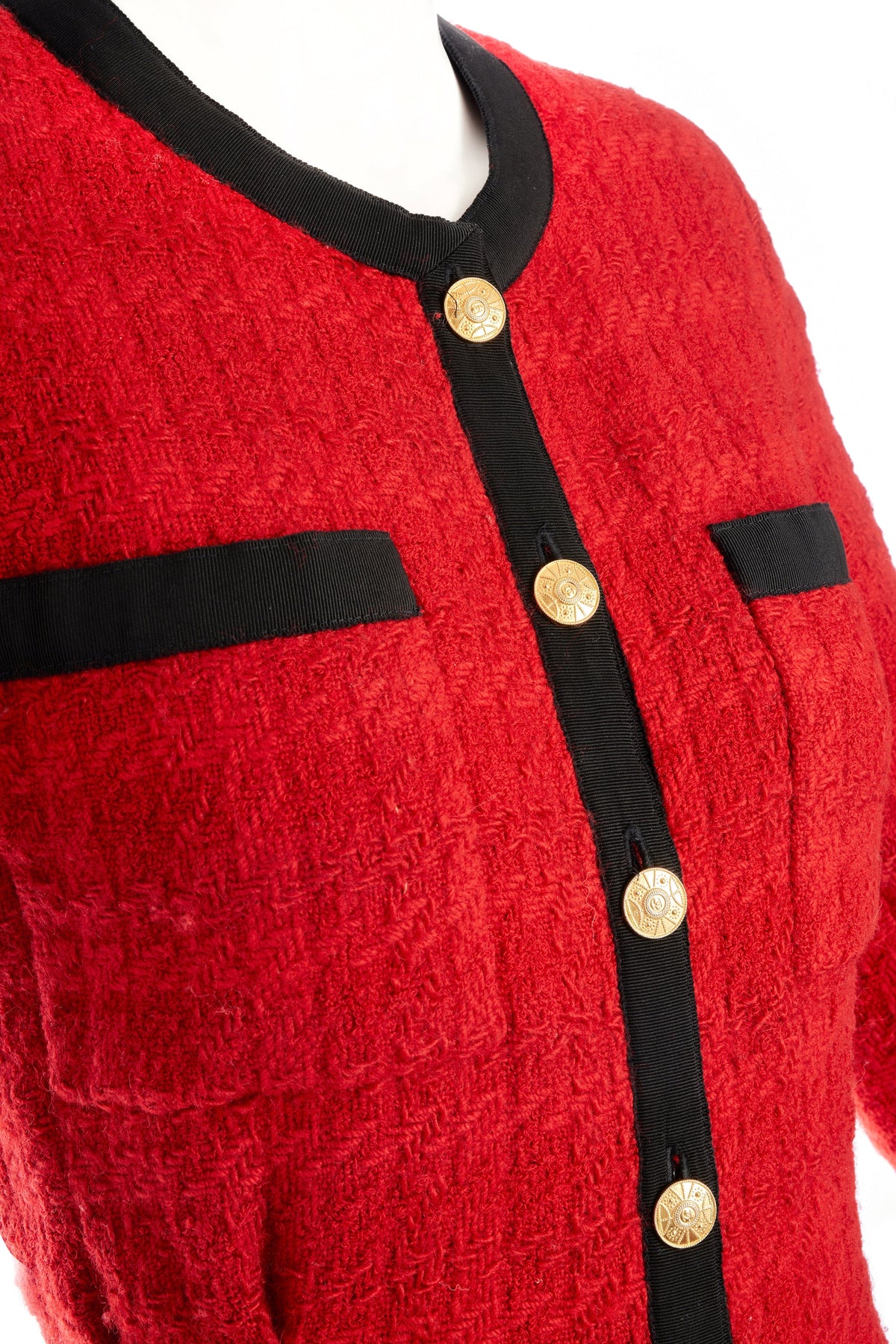 Chanel Red Boucle Jacket Black Faile Trim 24k Gold plated buttons