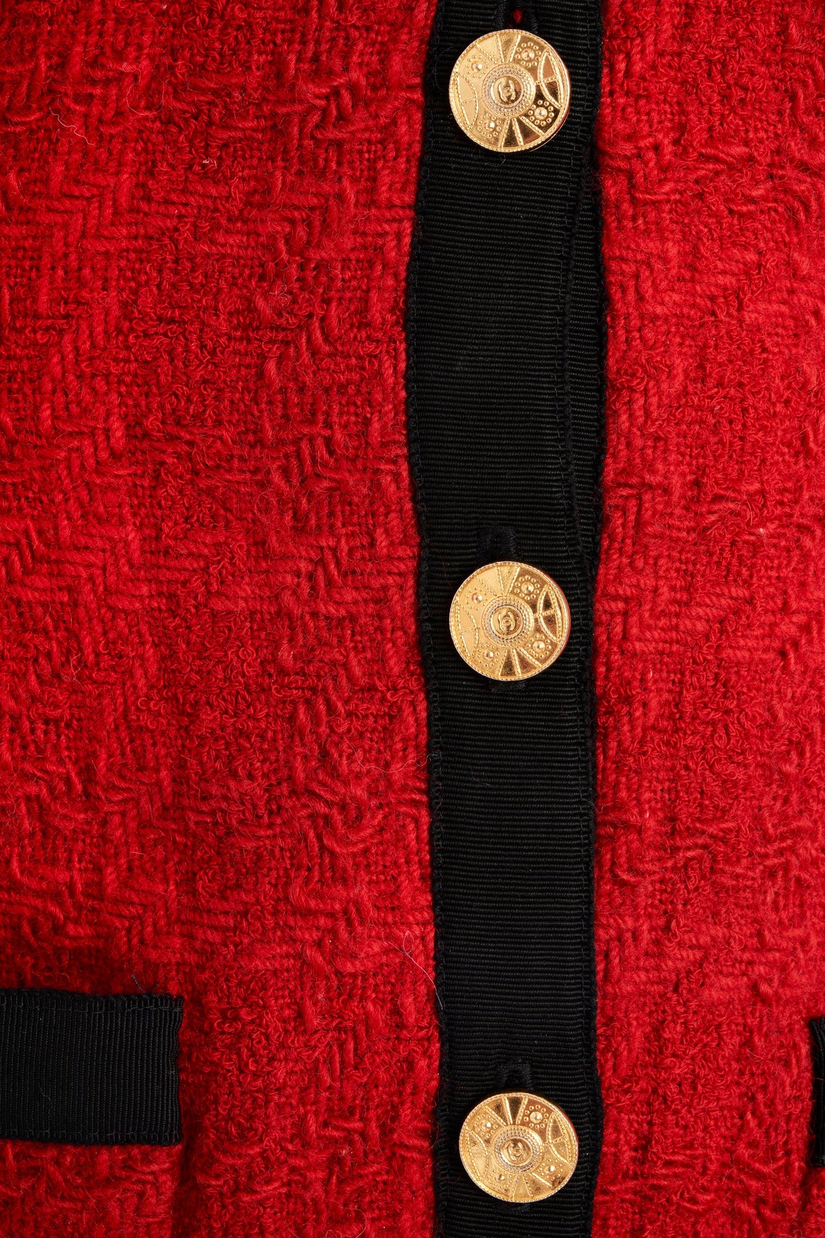 Chanel Red Boucle Jacket Black Faile Trim 24k Gold plated buttons