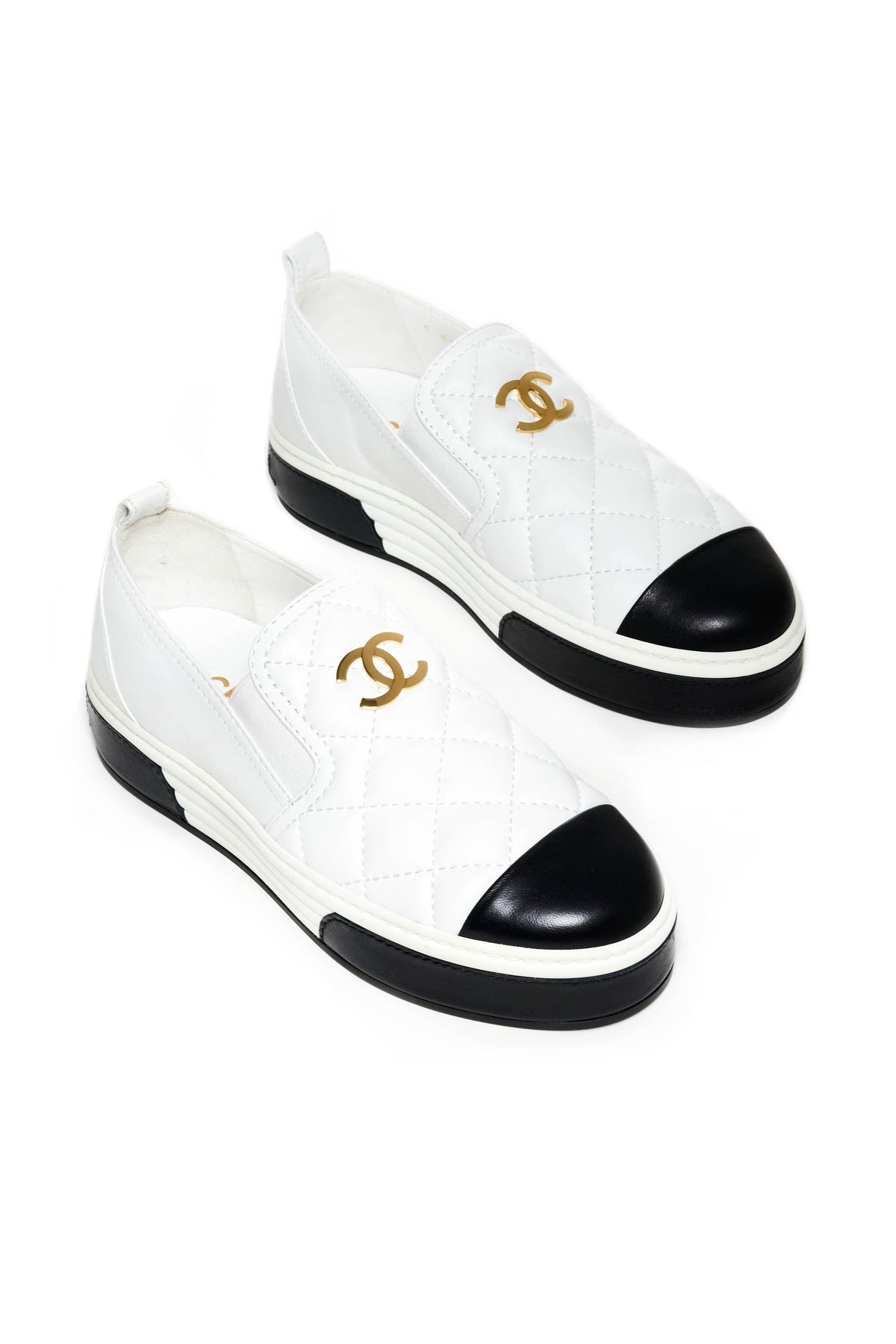 Chanel Quilted Black and White Leather Slip On Sneakers Size 38