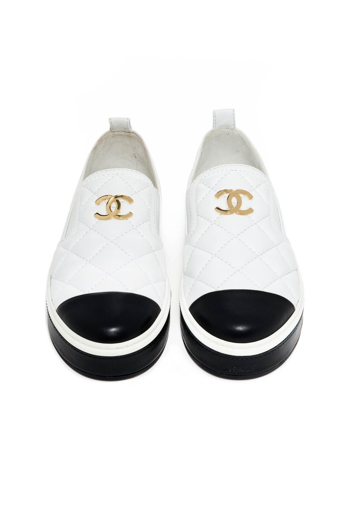 Chanel Quilted Black and White Leather Slip On Sneakers Size 38