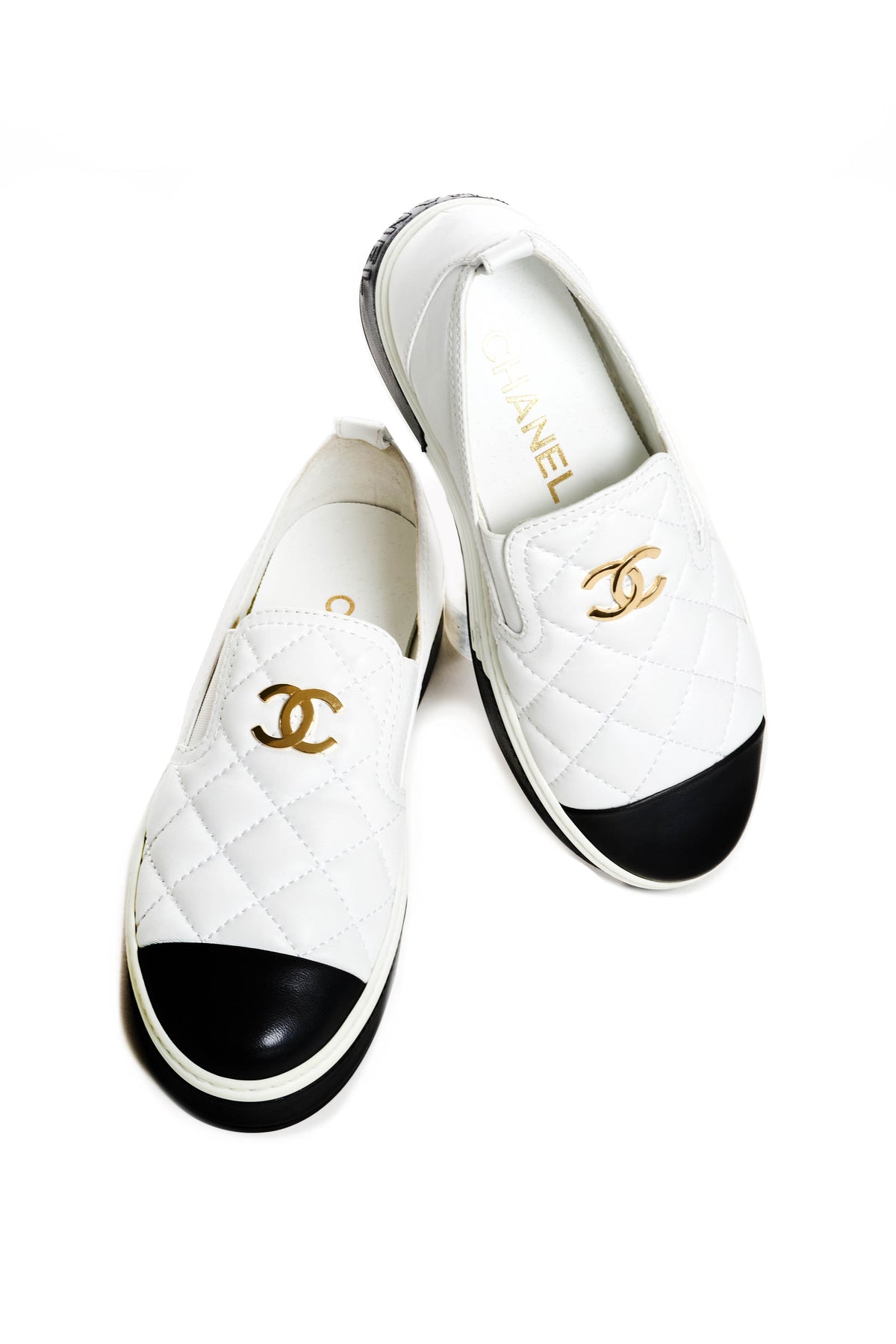 Chanel Quilted Black and White Leather Slip On Sneakers Size 38