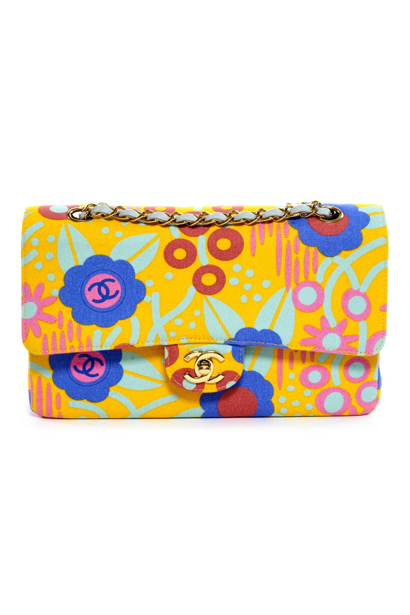 Chanel Butter Yellow Canvas Flower Print Medium Double Flap Purse 2003