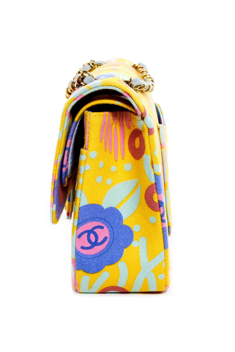 Chanel Butter Yellow Canvas Flower Print Medium Double Flap Purse 2003
