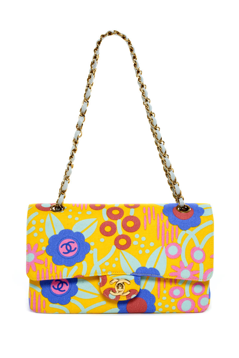 Chanel Butter Yellow Canvas Flower Print Medium Double Flap Purse 2003