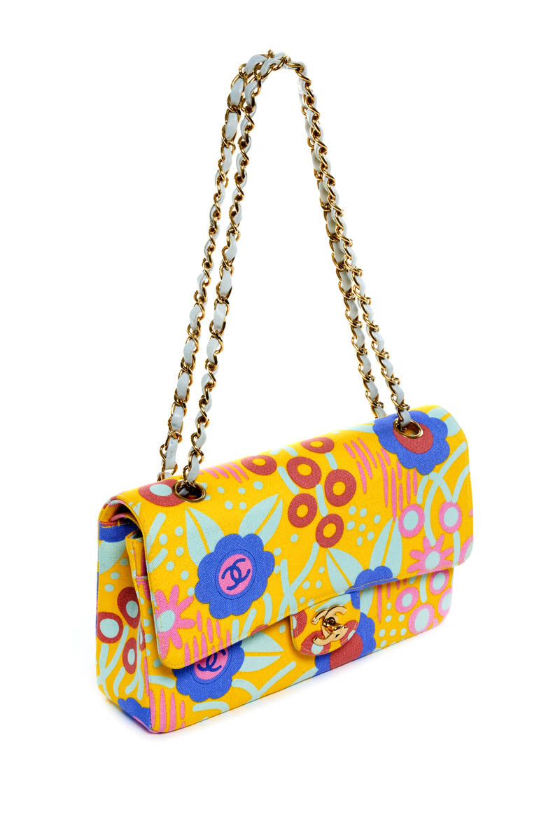 Chanel Butter Yellow Canvas Flower Print Medium Double Flap Purse 2003