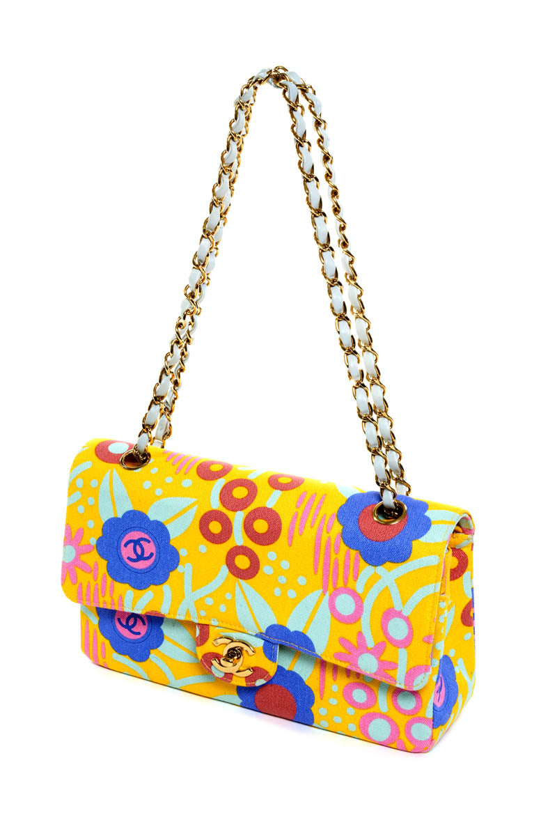 Chanel Butter Yellow Canvas Flower Print Medium Double Flap Purse 2003
