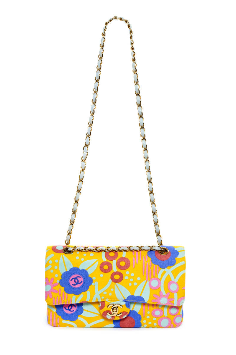 Chanel Butter Yellow Canvas Flower Print Medium Double Flap Purse 2003
