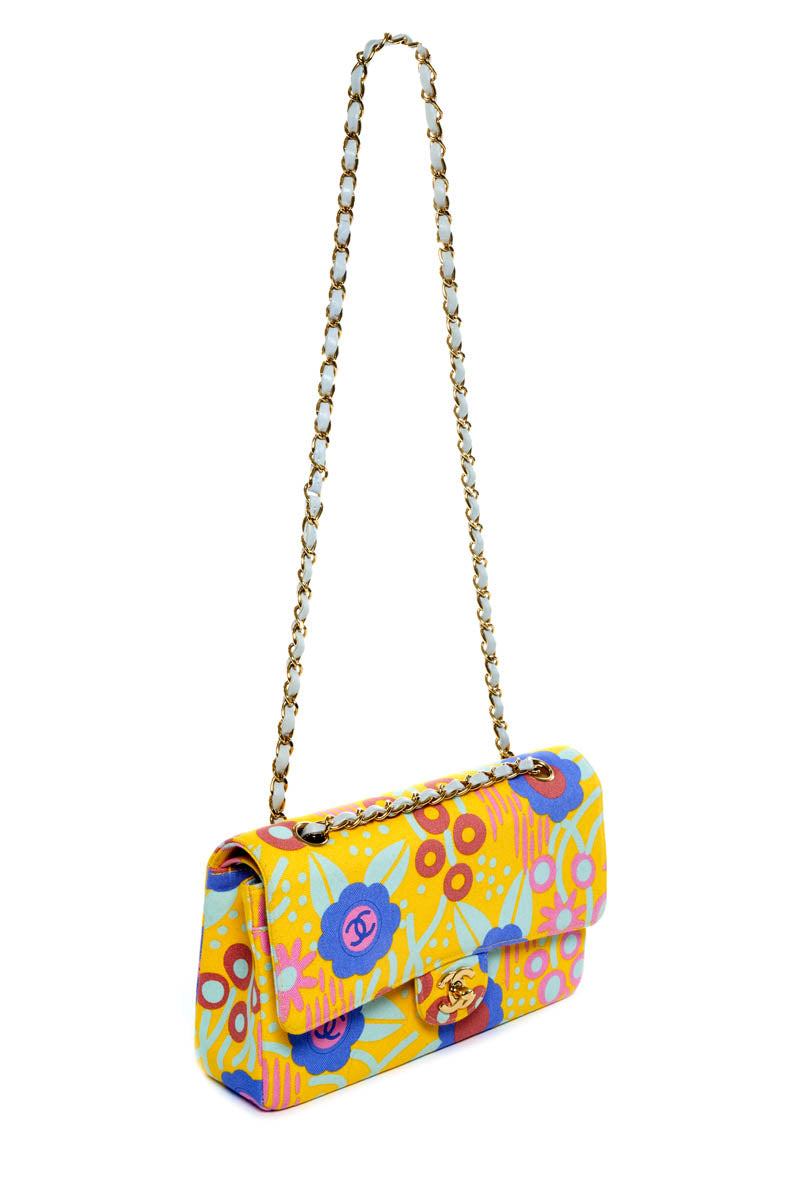 Chanel Butter Yellow Canvas Flower Print Medium Double Flap Purse 2003