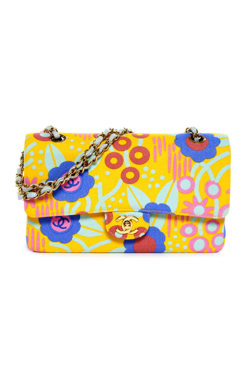 Chanel Butter Yellow Canvas Flower Print Medium Double Flap Purse 2003