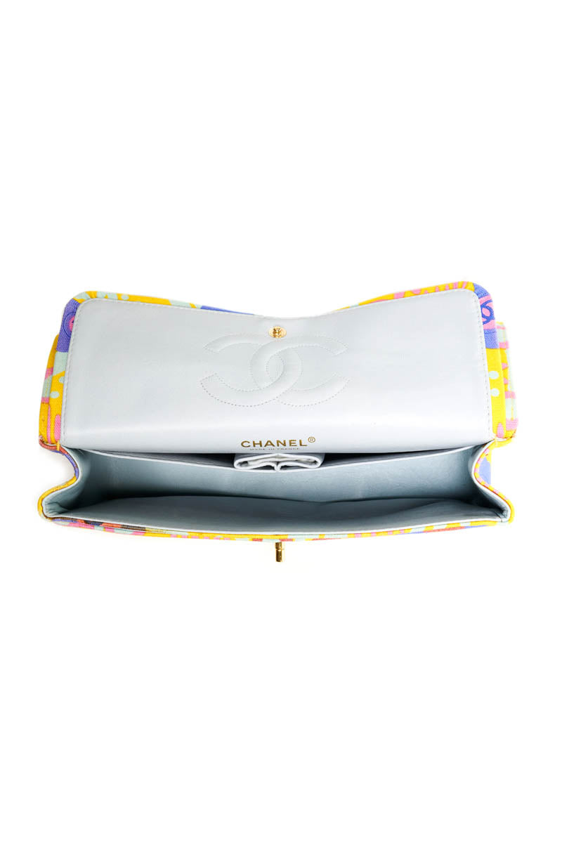 Chanel Butter Yellow Canvas Flower Print Medium Double Flap Purse 2003