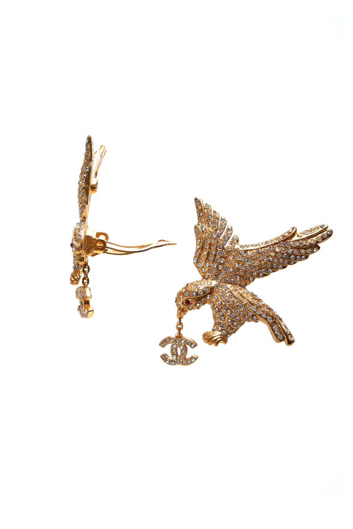 Chanel Vintage 24k Gold Crystal Eagle Clip Earrings 2001P