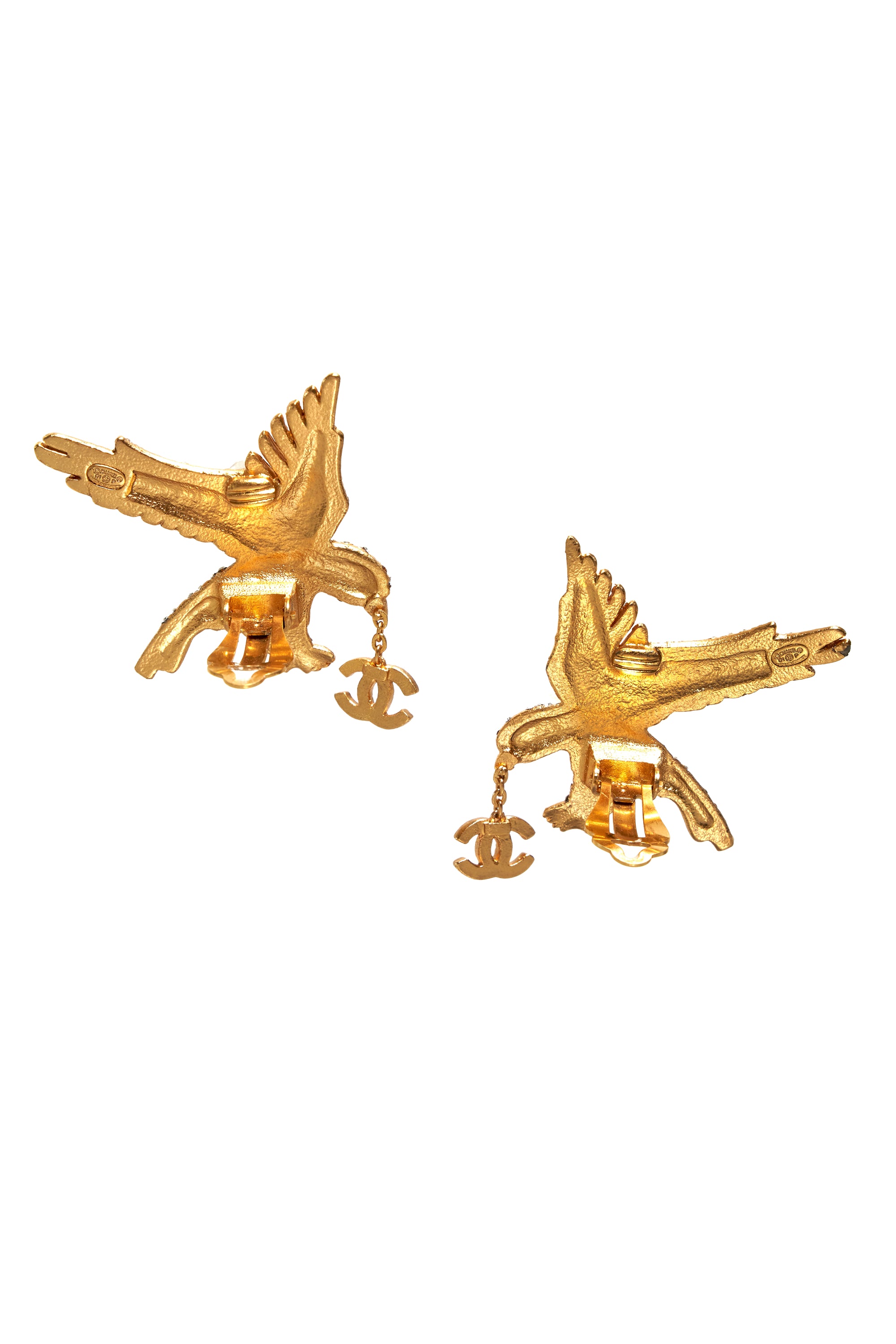 Chanel Vintage 24k Gold Crystal Eagle Clip Earrings 2001P