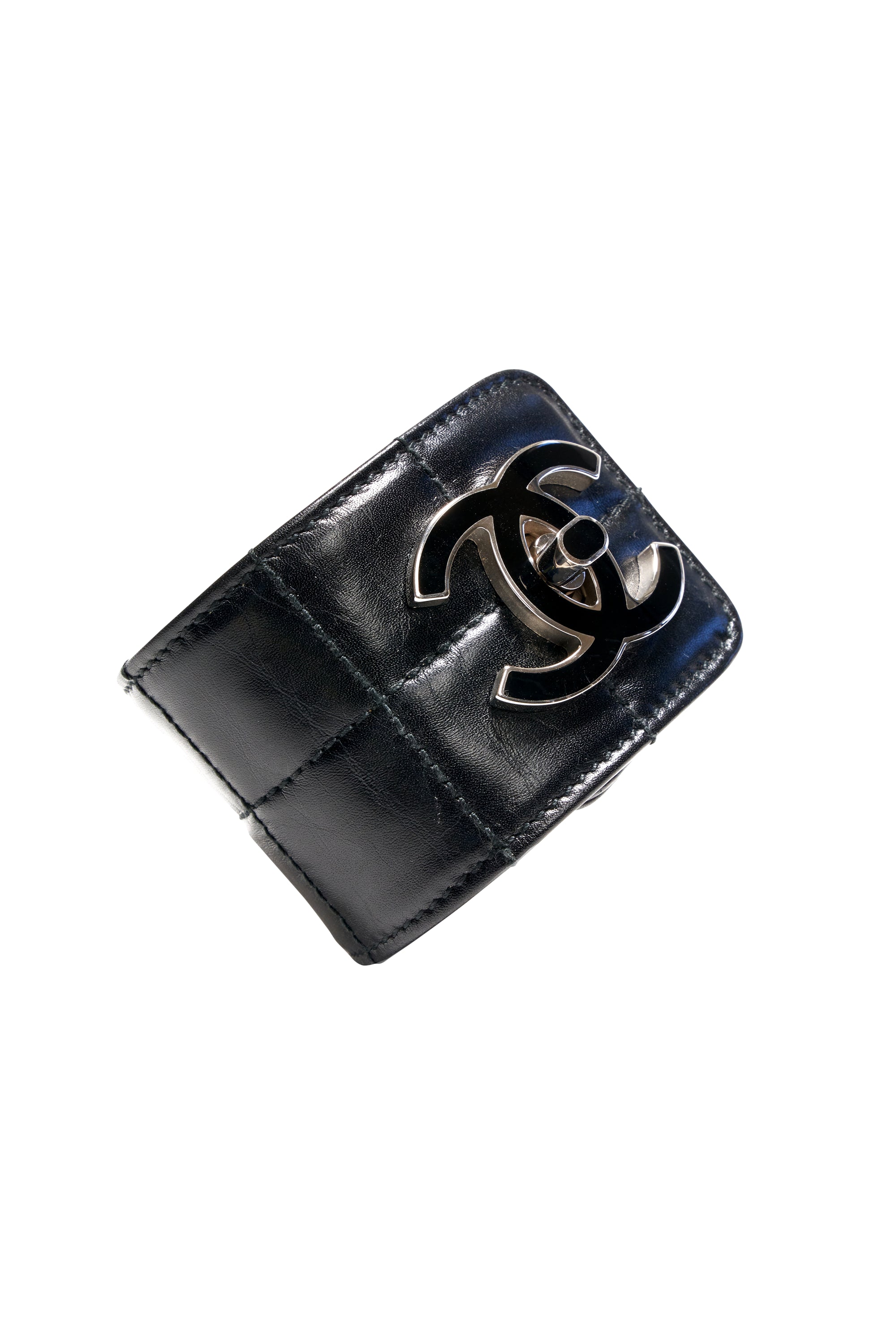 Chanel Vintage Black Napa Leather Cuff With Enamel CC 2002P