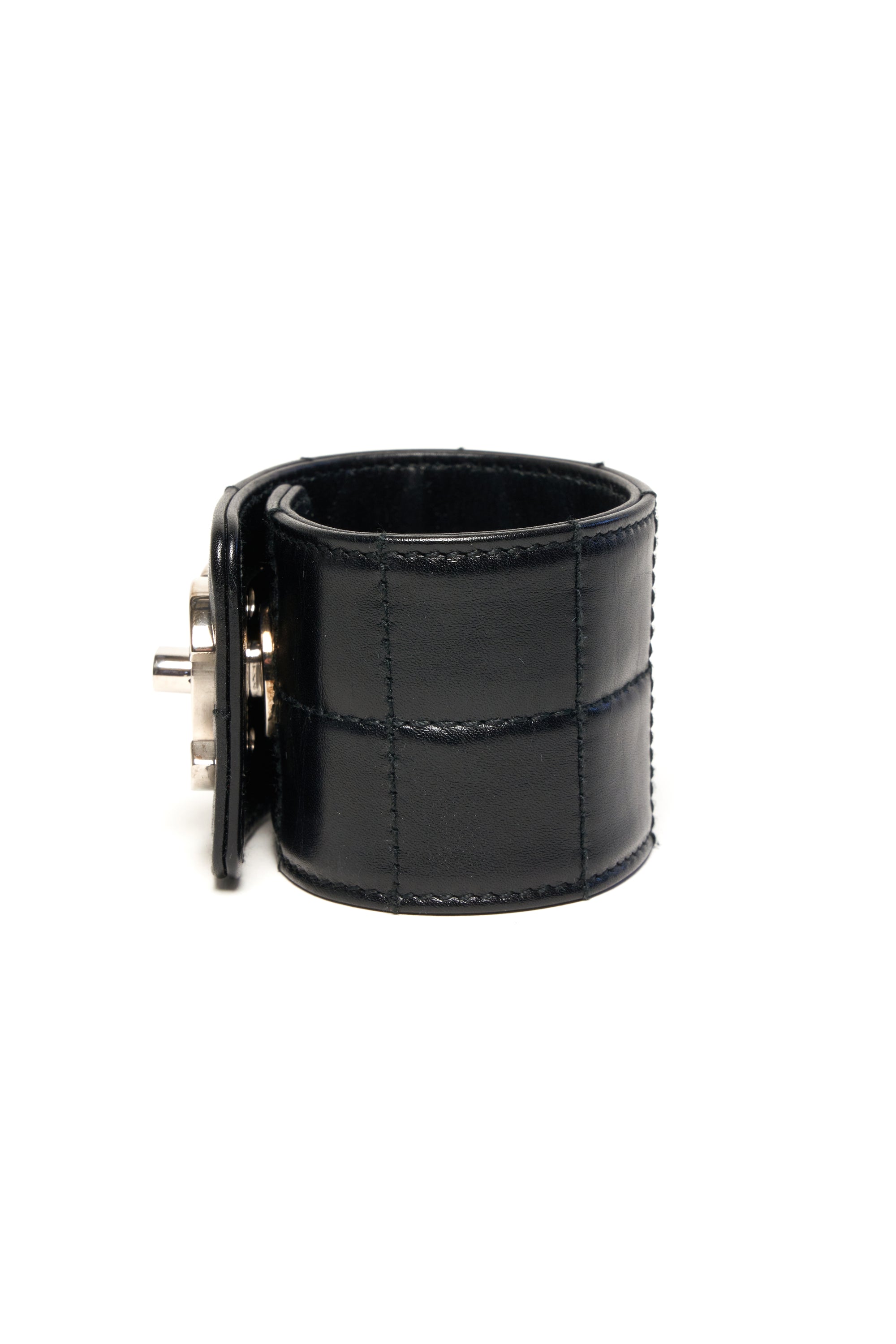 Chanel Vintage Black Napa Leather Cuff With Enamel CC 2002P