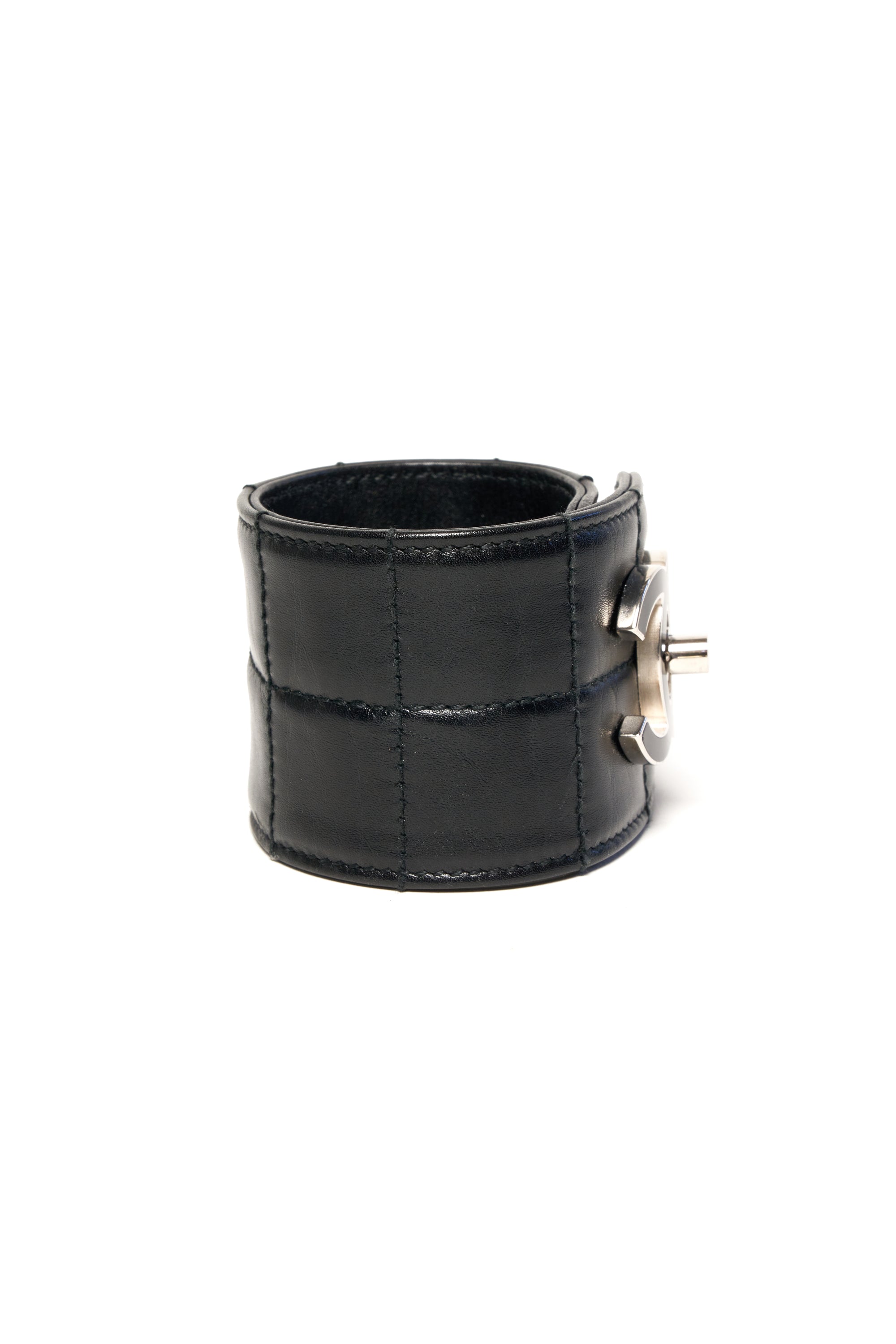 Chanel Vintage Black Napa Leather Cuff With Enamel CC 2002P