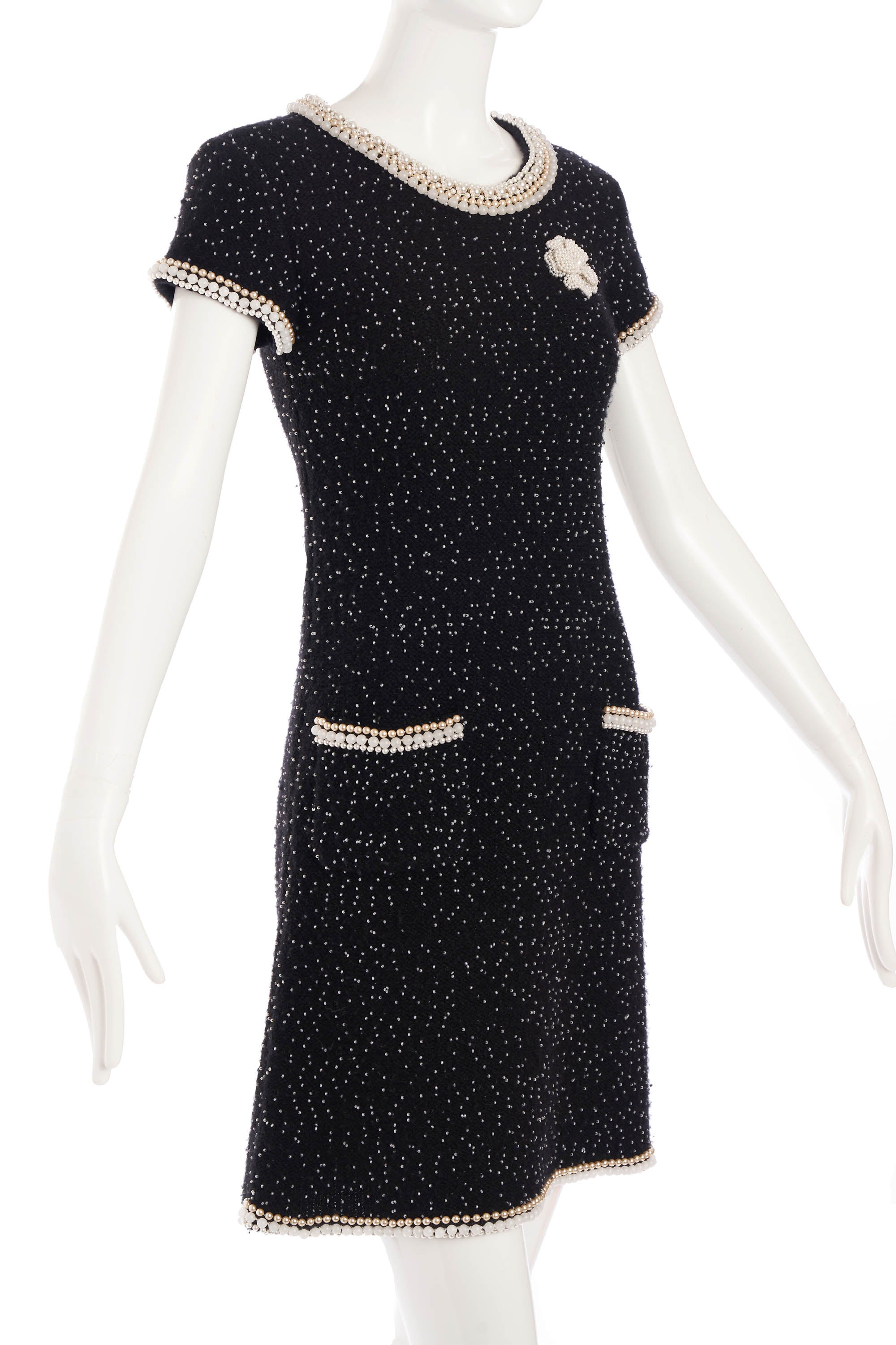 Chanel Black Camelia and Pearl Sleeveless Dress Size 36