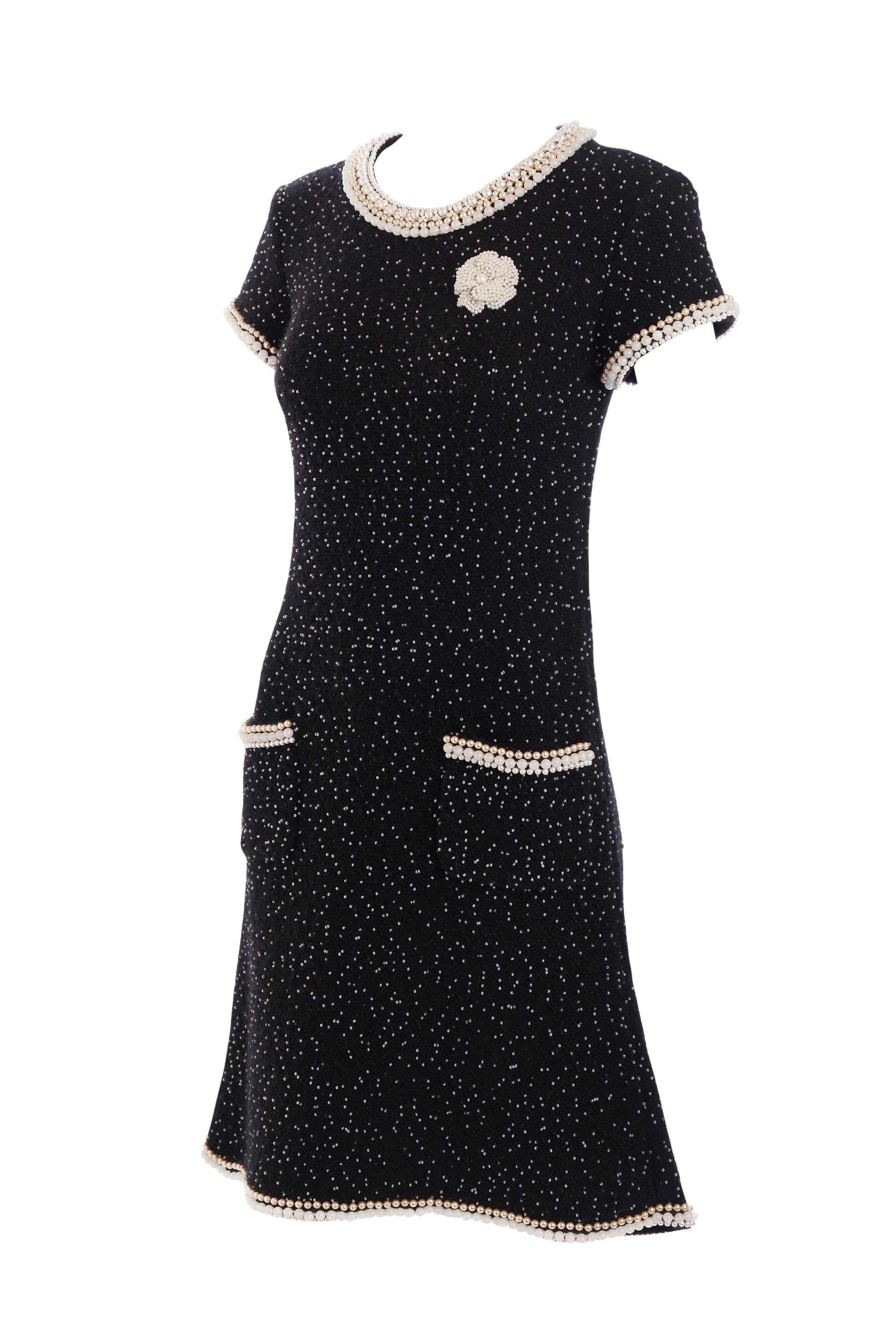 Chanel Black Camelia and Pearl Sleeveless Dress Size 36