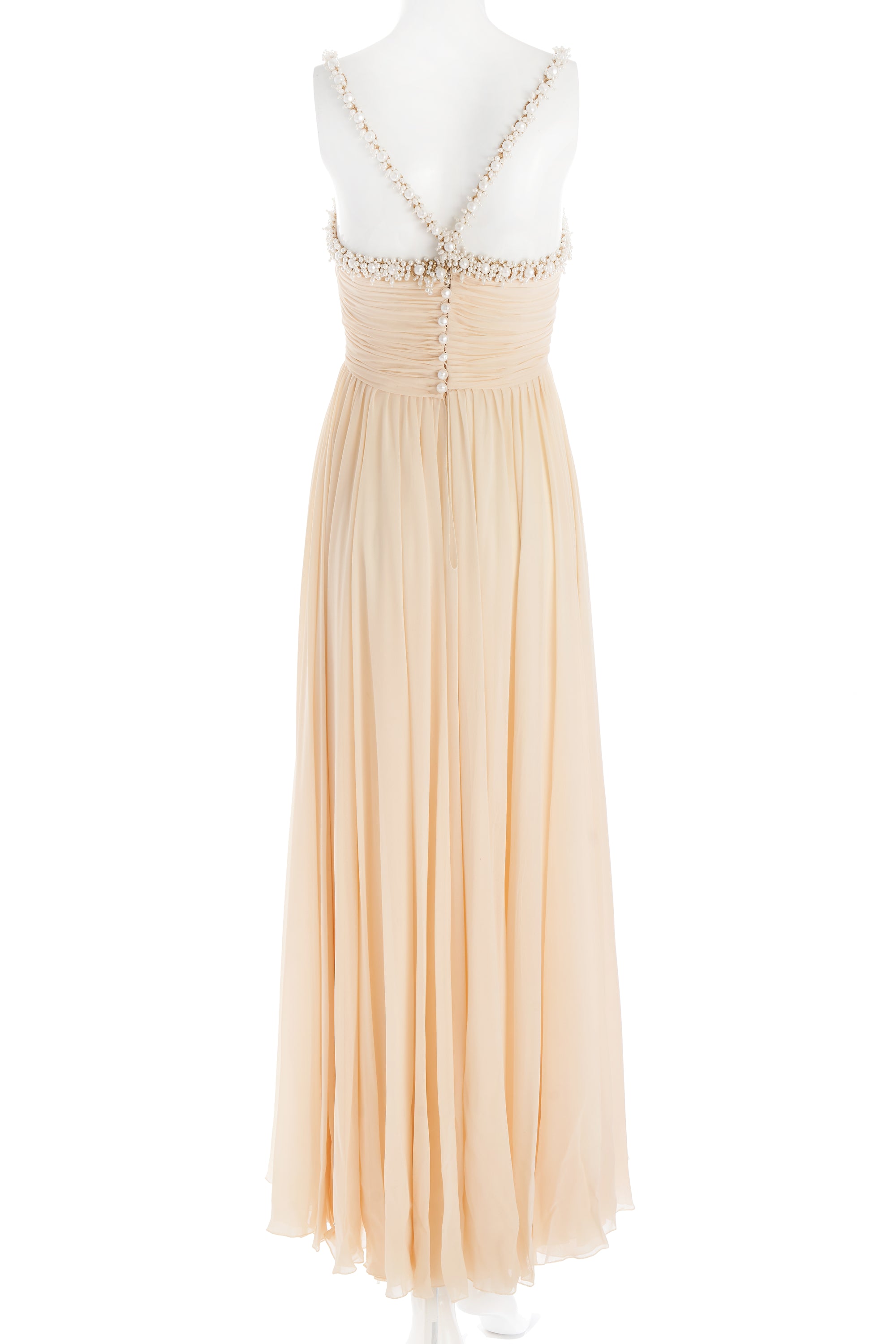 Chanel Ivory Chiffon Gown Dress Pearl Straps and Embellishments Size 38 1990P Chanel Ivory Chiffon Gown Dress Pearl Straps and Embellishments Size 38 1990P