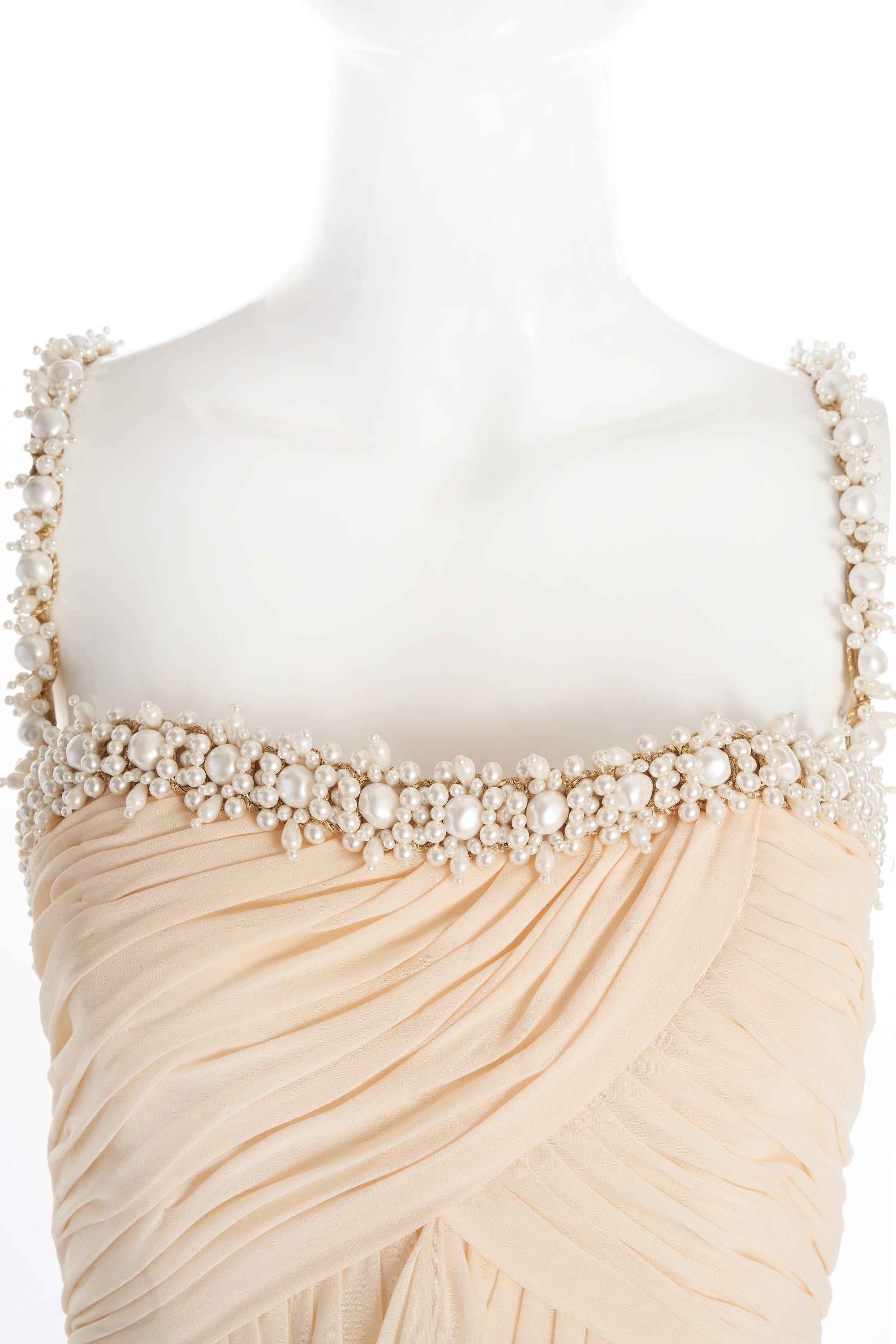 Chanel Ivory Chiffon Gown With Pearl Embellishments Size 38