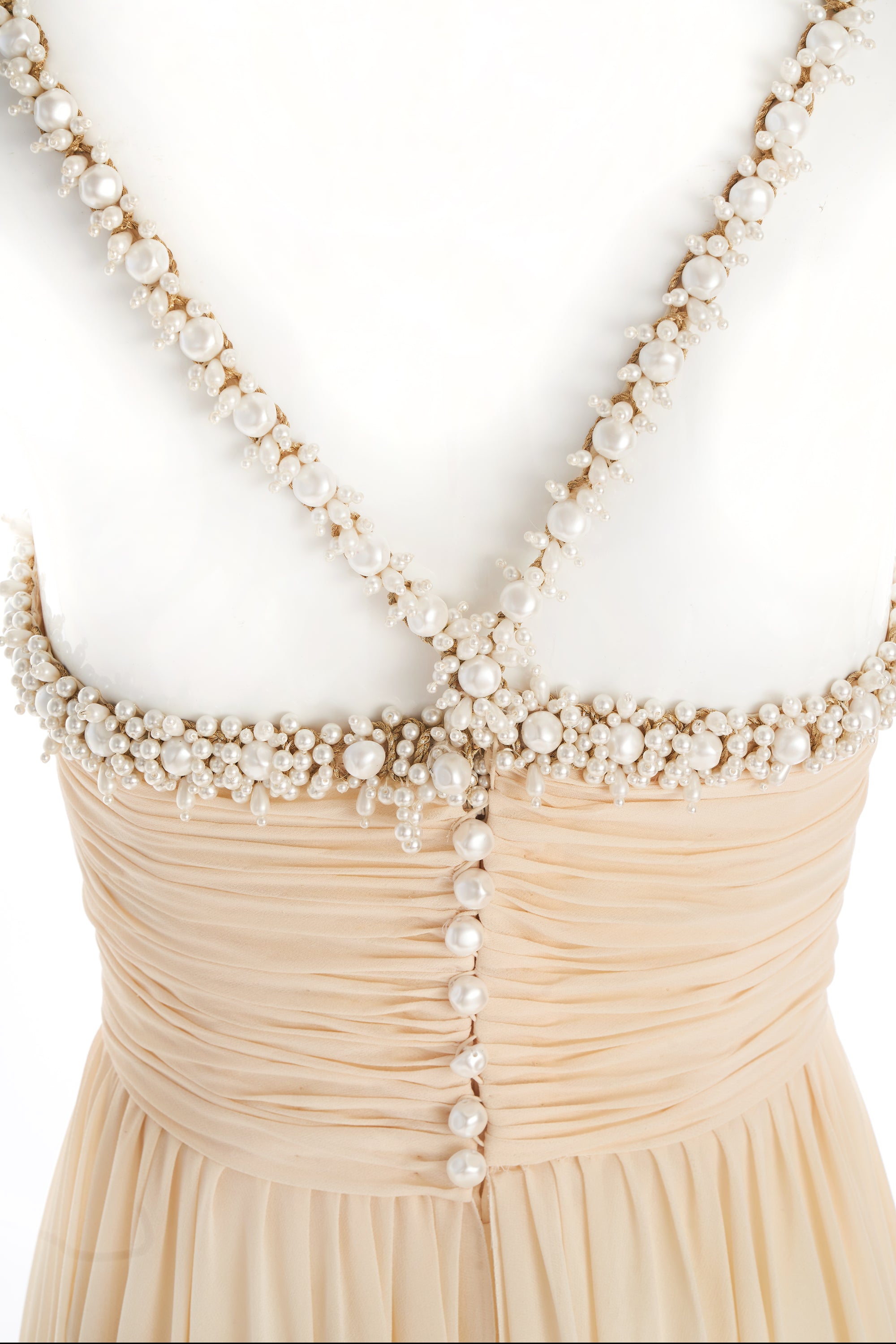 Chanel Ivory Chiffon Gown Dress Pearl Straps and Embellishments Size 38 1990P Chanel Ivory Chiffon Gown Dress Pearl Straps and Embellishments Size 38 1990P