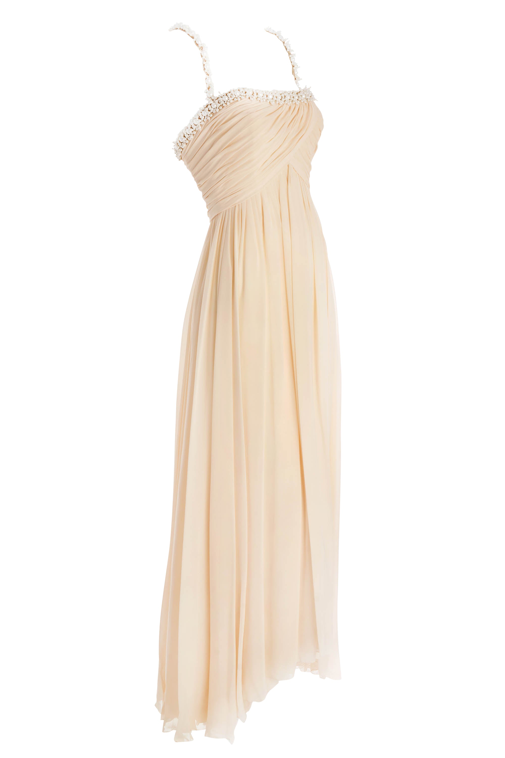 Chanel Ivory Chiffon Gown Dress Pearl Straps and Embellishments Size 38 1990P Chanel Ivory Chiffon Gown Dress Pearl Straps and Embellishments Size 38 1990P