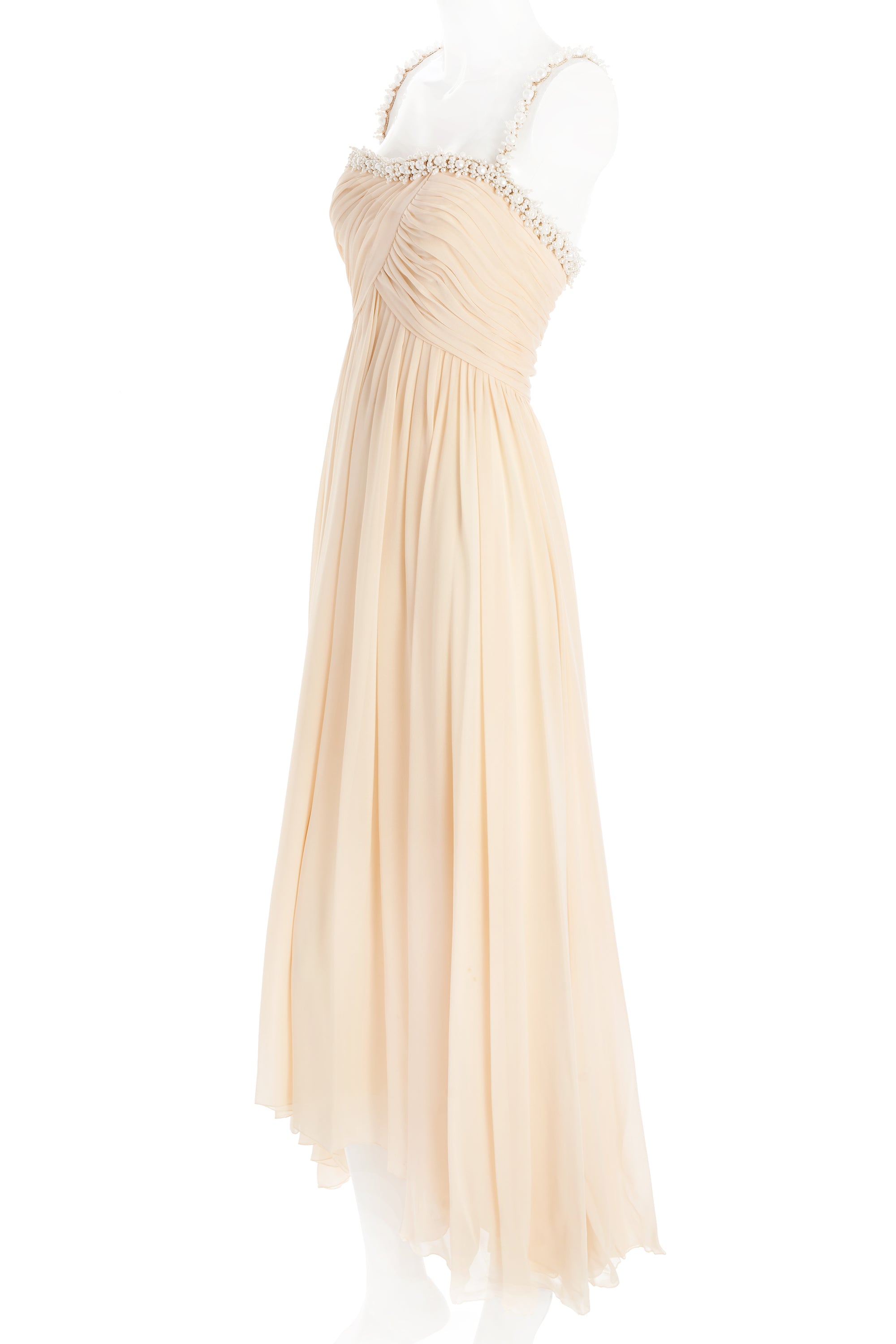 Chanel Ivory Chiffon Gown Dress Pearl Straps and Embellishments Size 38 1990P Chanel Ivory Chiffon Gown Dress Pearl Straps and Embellishments Size 38 1990P