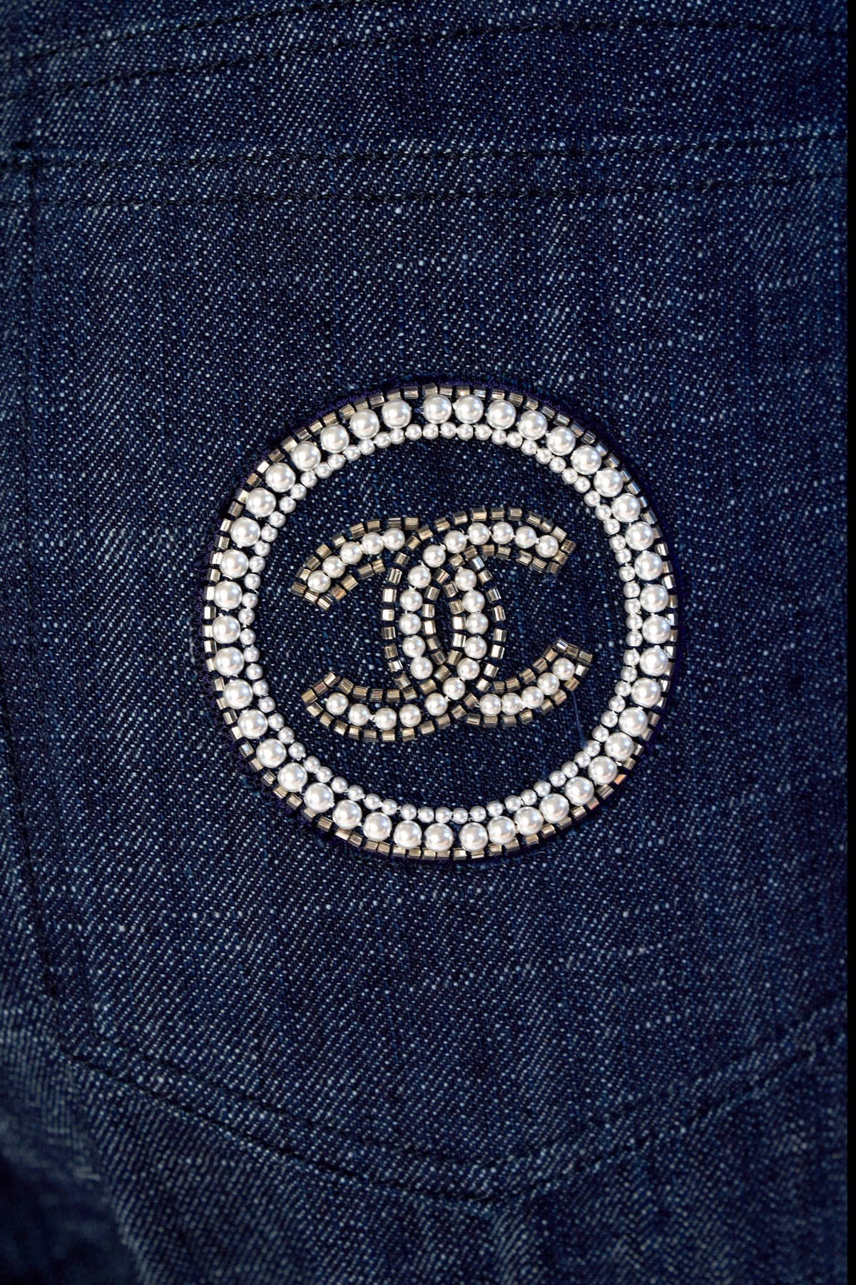 Chanel Dark Denim Jeans with CC Pearl Pocket Size 40