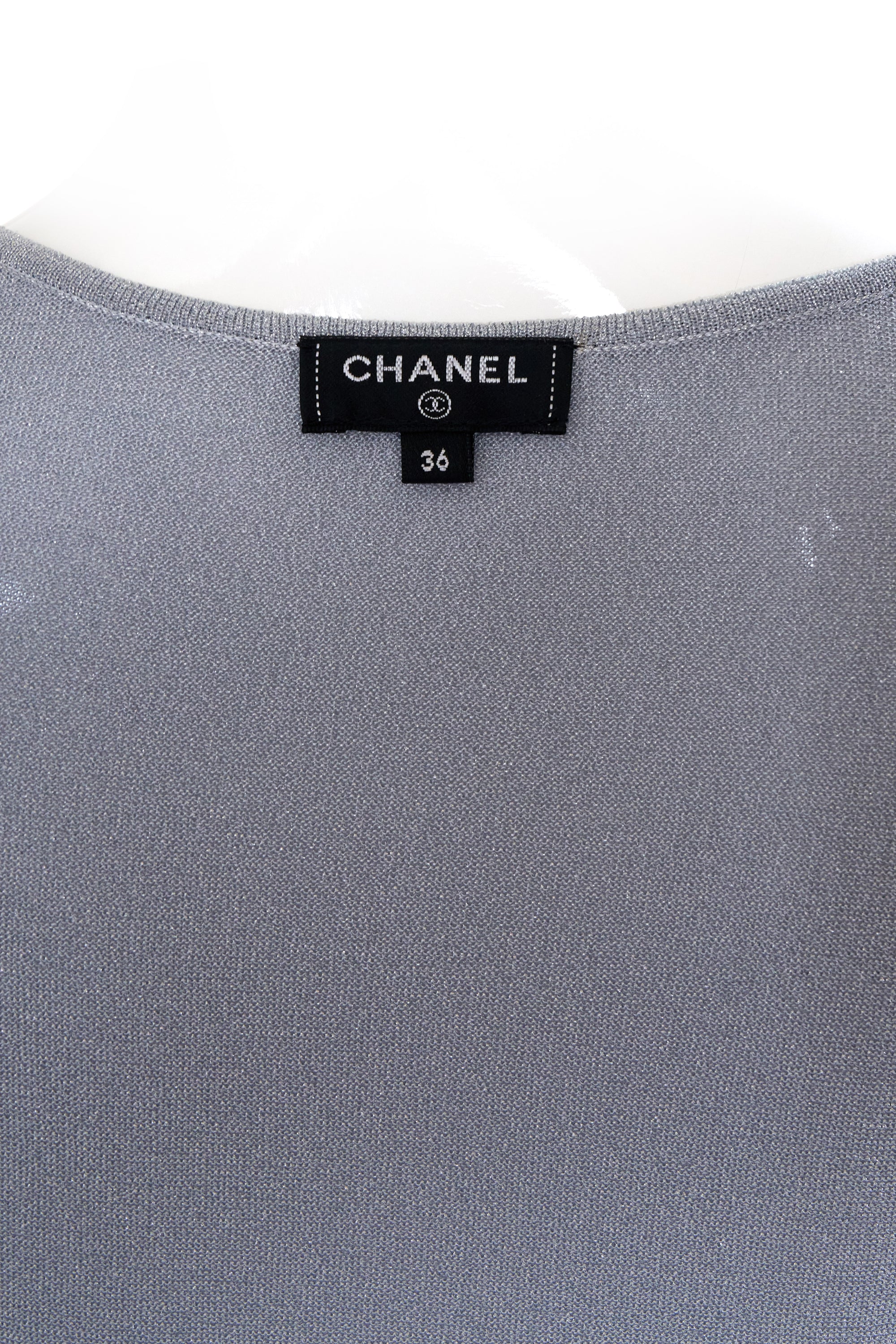 Chanel Silver Lurex Short Sleeve Shirt Size 36