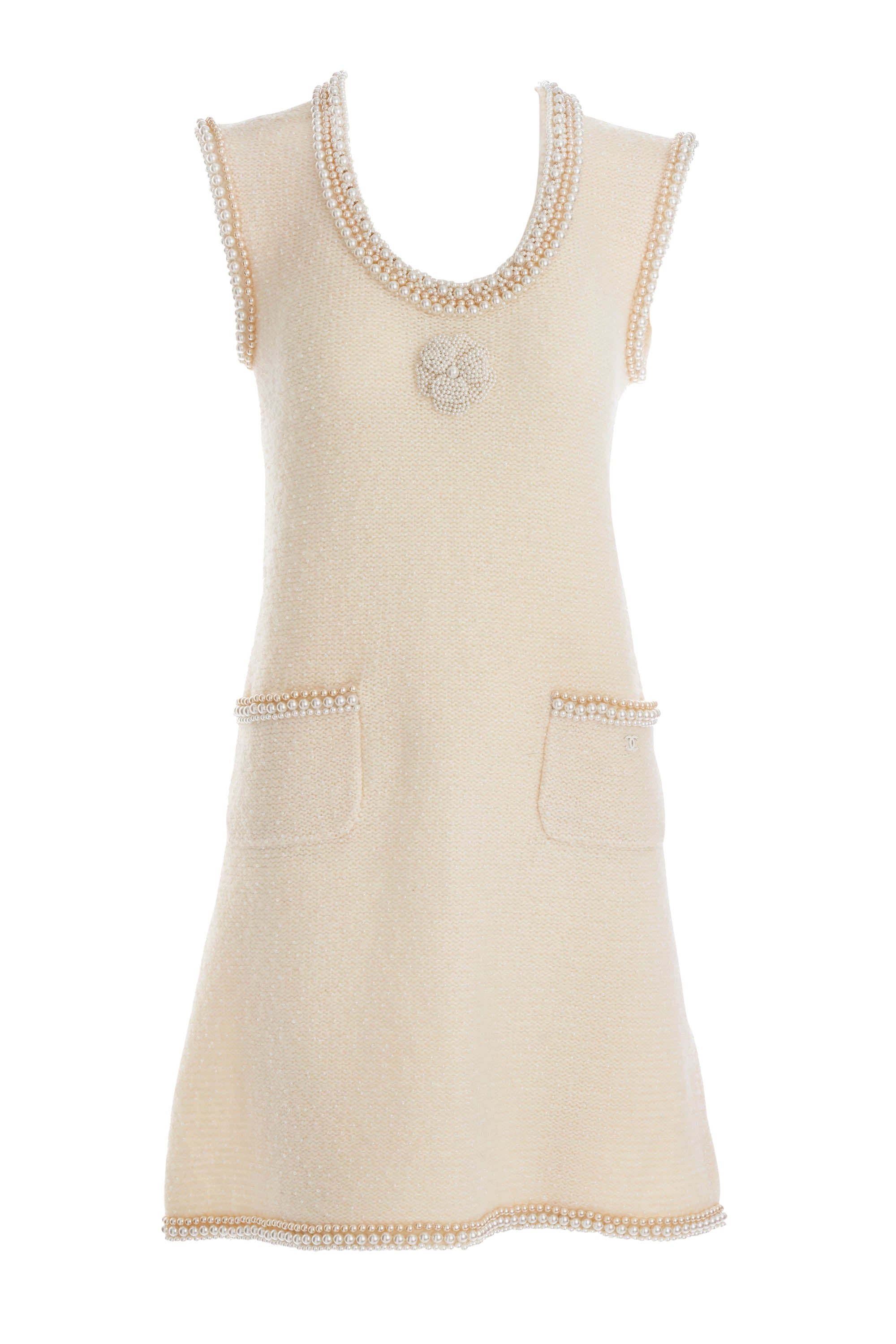 Chanel White Camelia and Pearl Sleeveless Dress Size 36