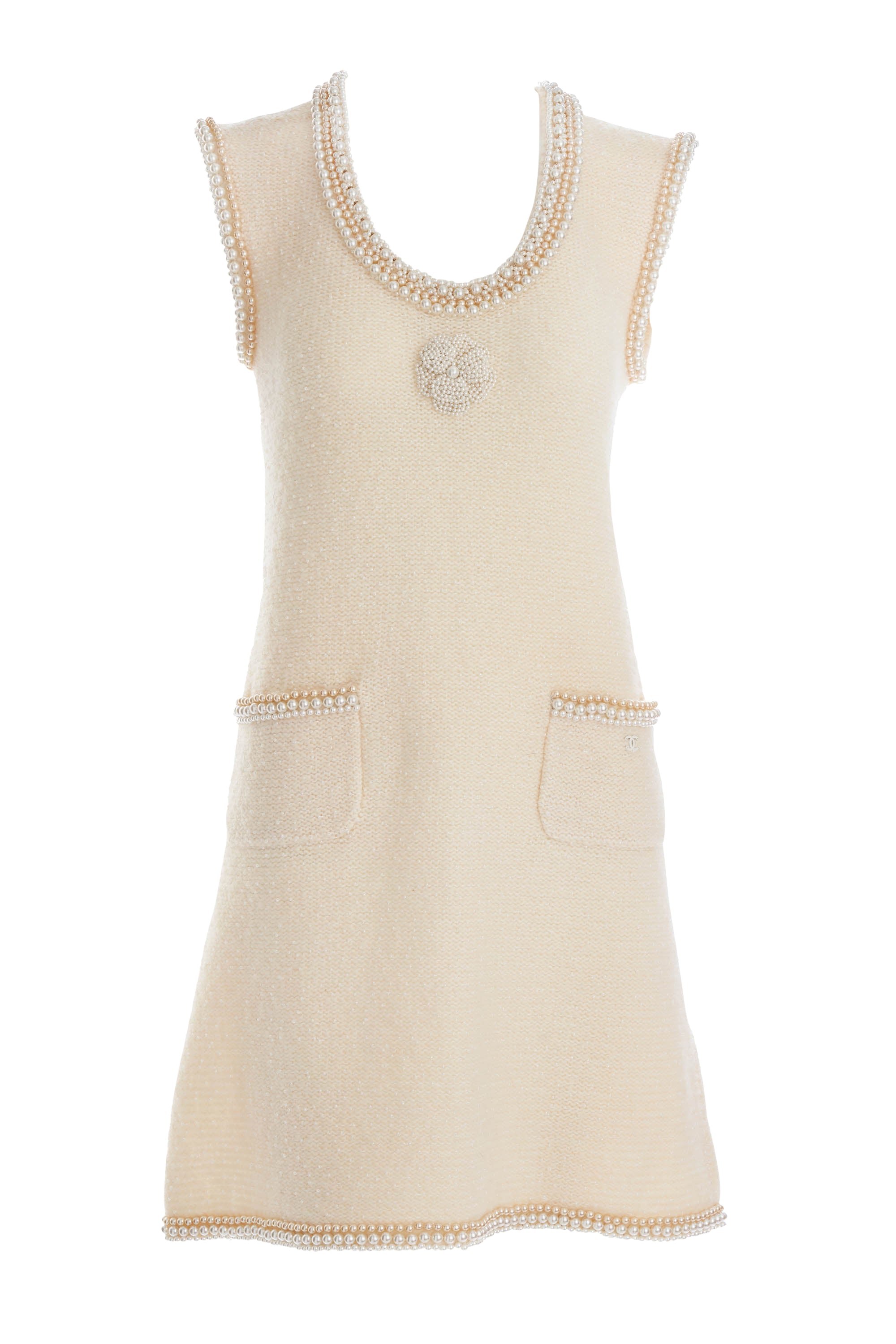 Chanel White Camelia and Pearl Sleeveless Dress Size 36 Chanel White Camelia and Pearl Sleeveless Dress Size 36