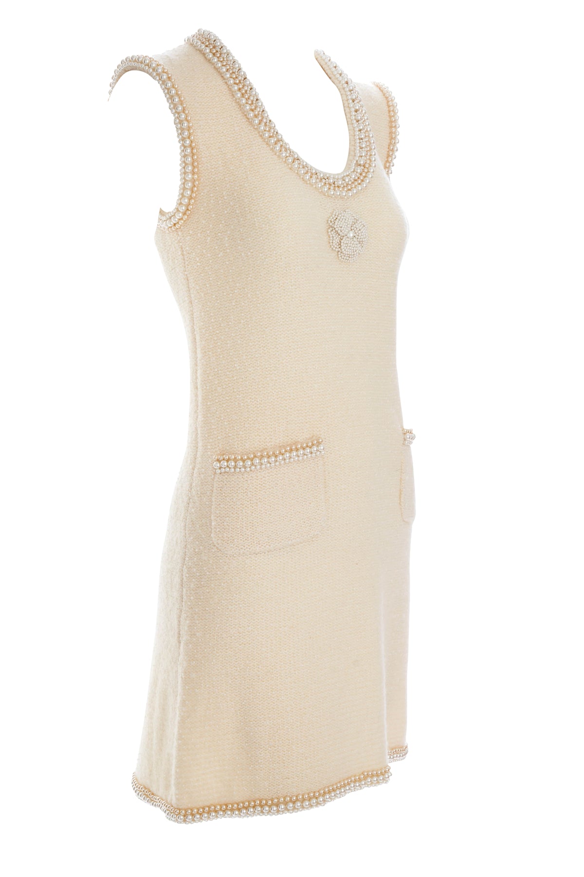 Chanel White Camelia and Pearl Sleeveless Dress Size 36