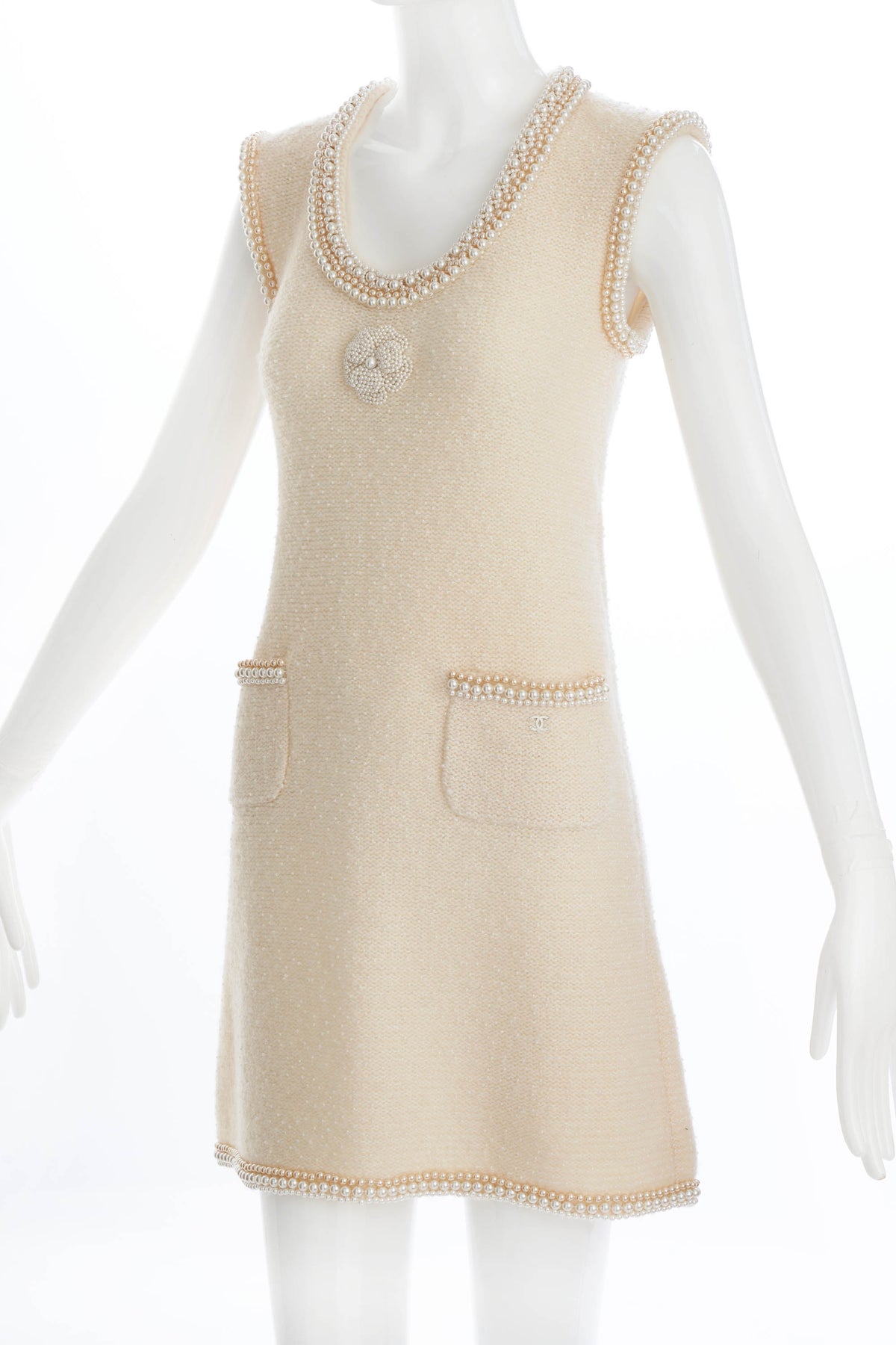 Chanel White Camelia and Pearl Sleeveless Dress Size 36