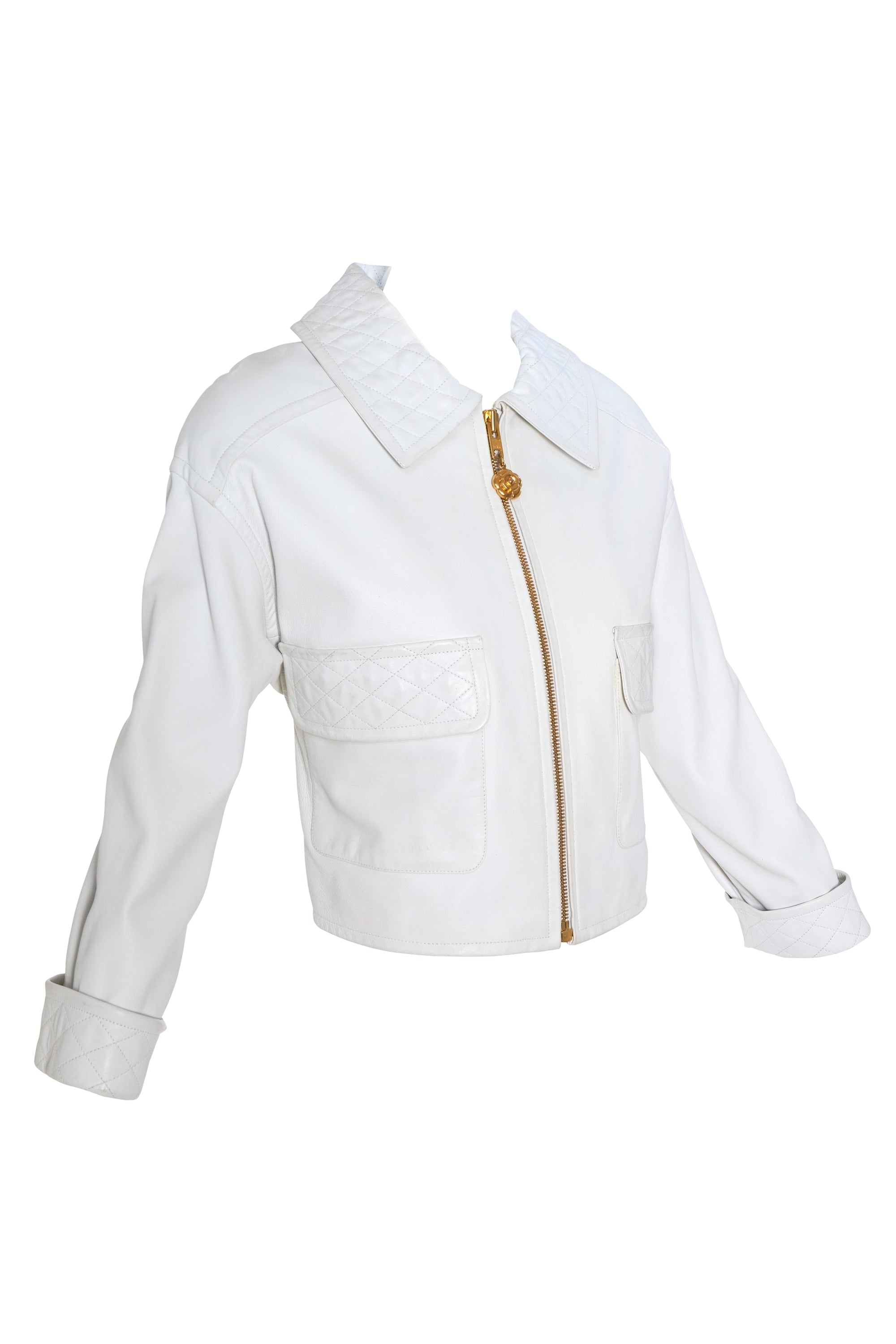 Chanel Boutique White Quilted Leather Bomber Jacket