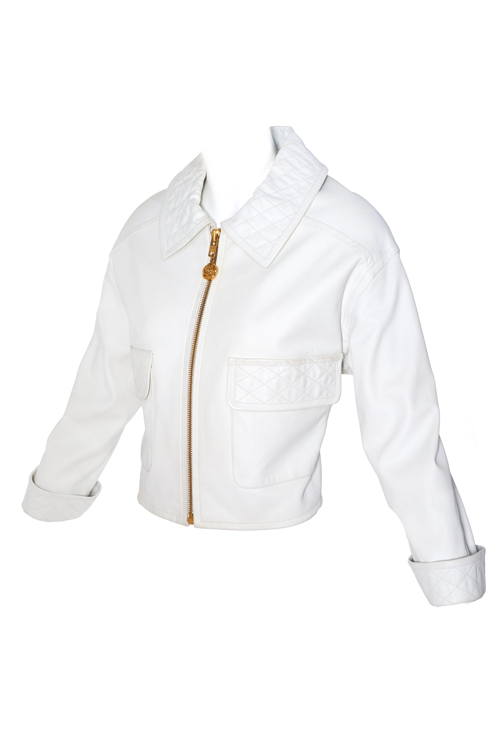 Chanel Boutique White Quilted Leather Bomber Jacket