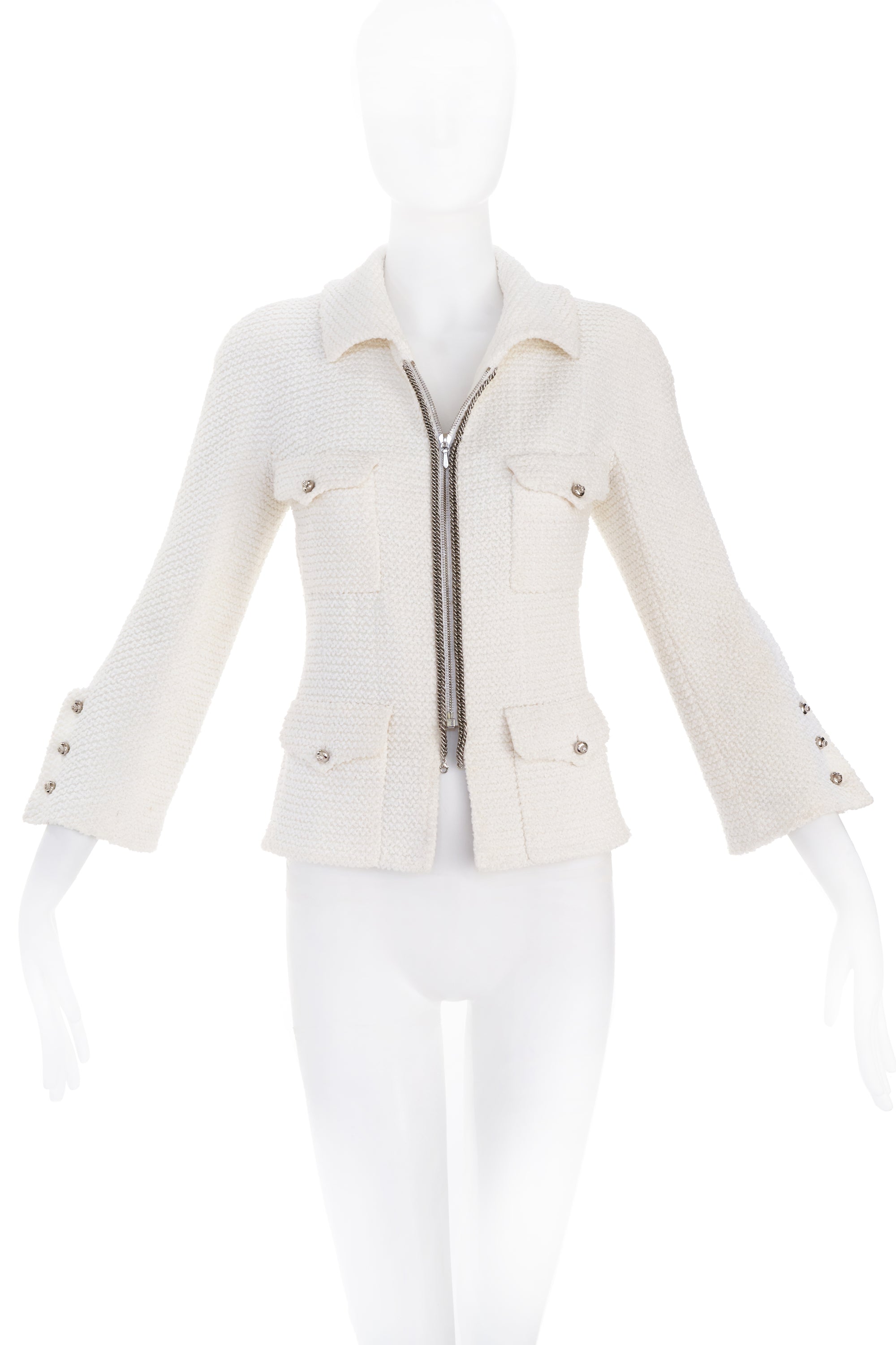 Chanel White Zip Up Jacket with Silver Buttons and Chain Detail