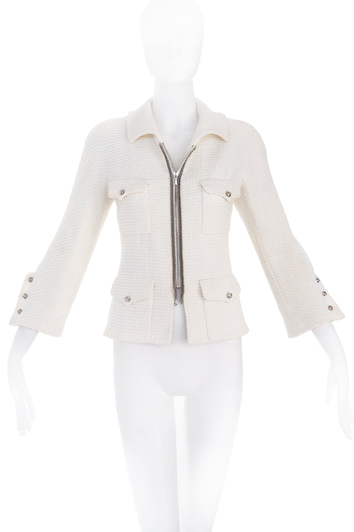 Chanel White Zip Up Jacket with Silver Buttons and Chain Detail