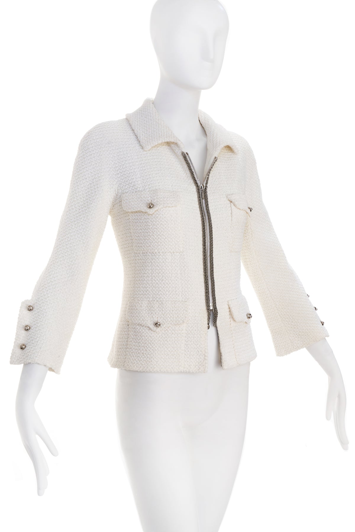 Chanel White Zip Up Jacket with Silver Buttons and Chain Detail