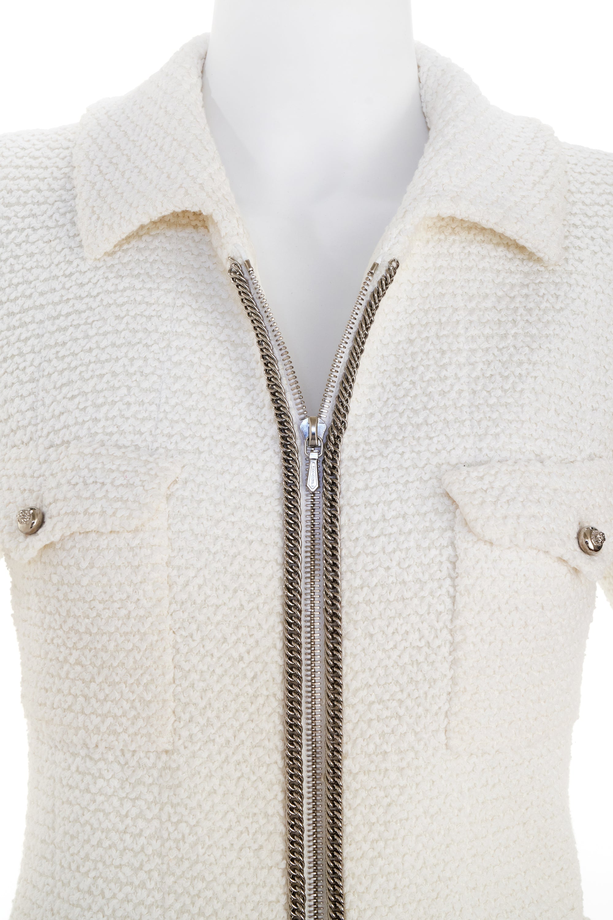 Chanel White Zip Up Jacket with Silver Buttons and Chain Detail