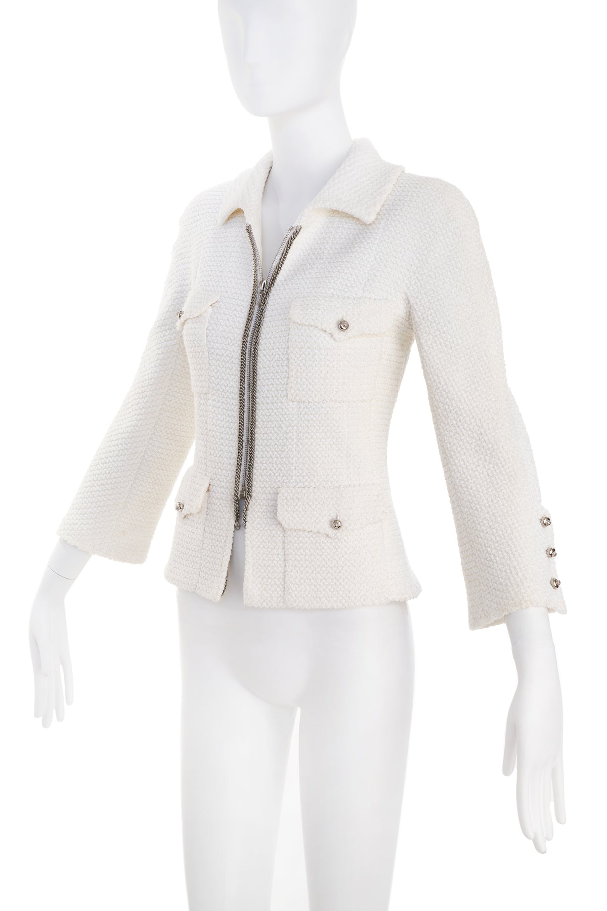 Chanel White Zip Up Jacket with Silver Buttons and Chain Detail